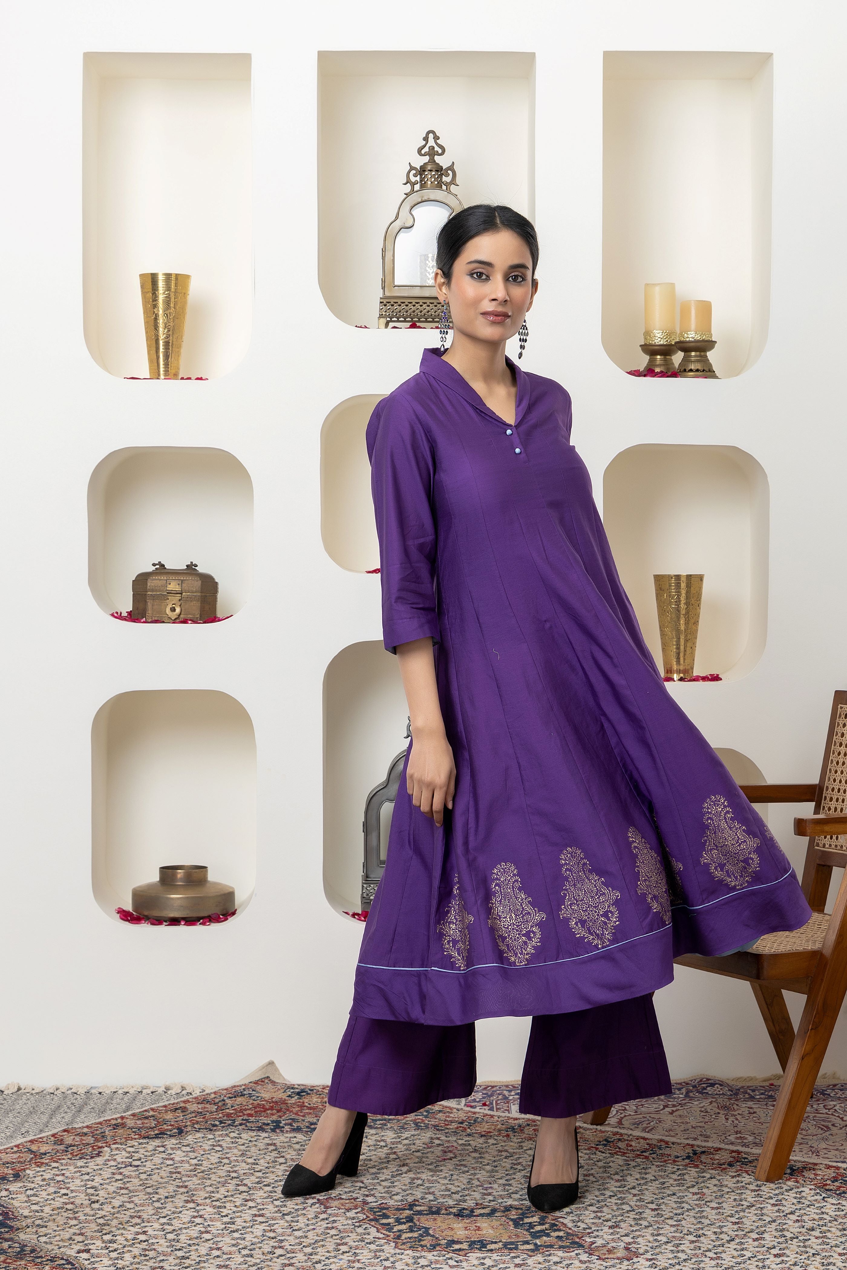 Purple hand block printed anarkali set