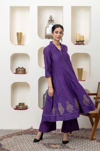 Purple hand block printed anarkali set