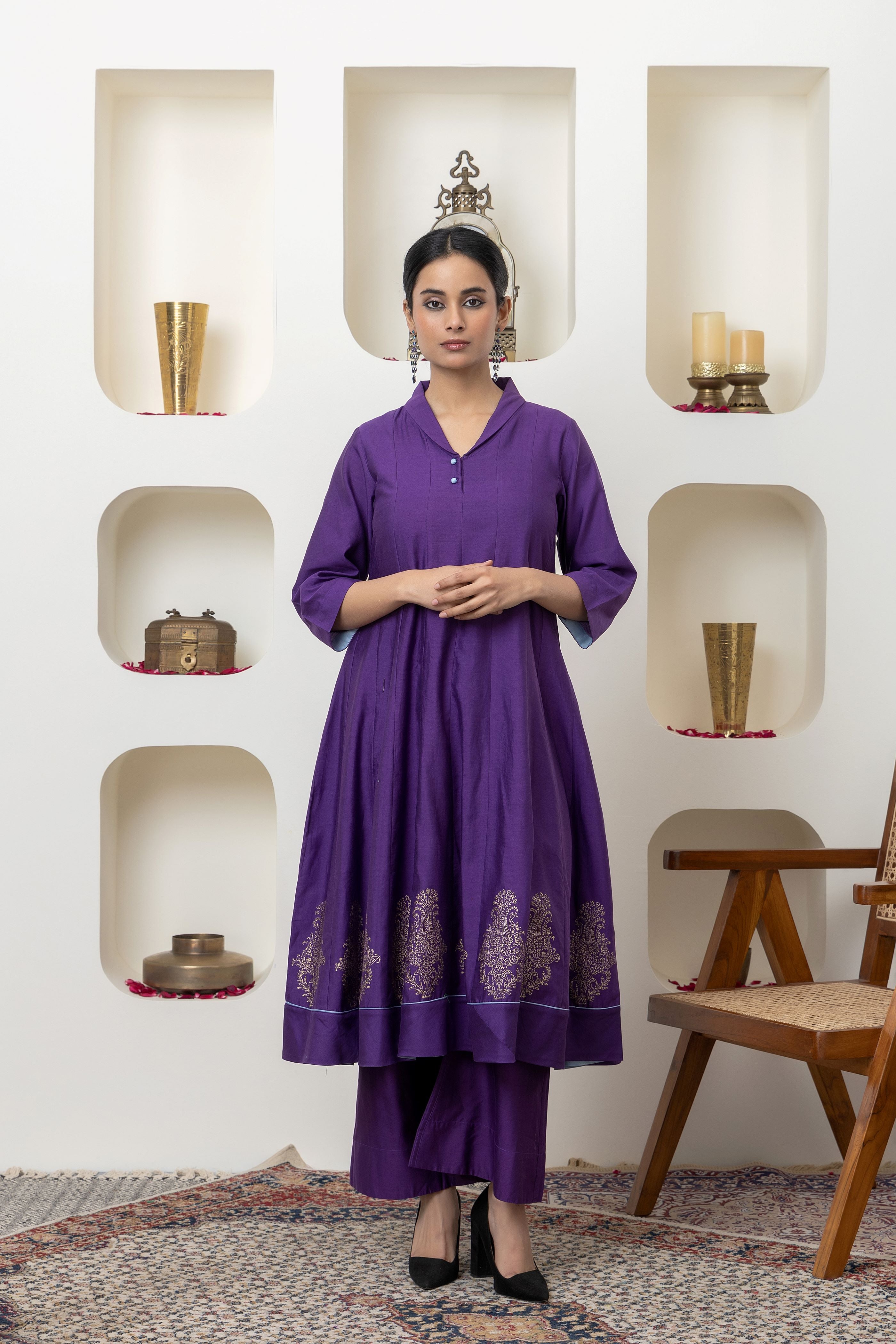 Purple hand block printed anarkali set