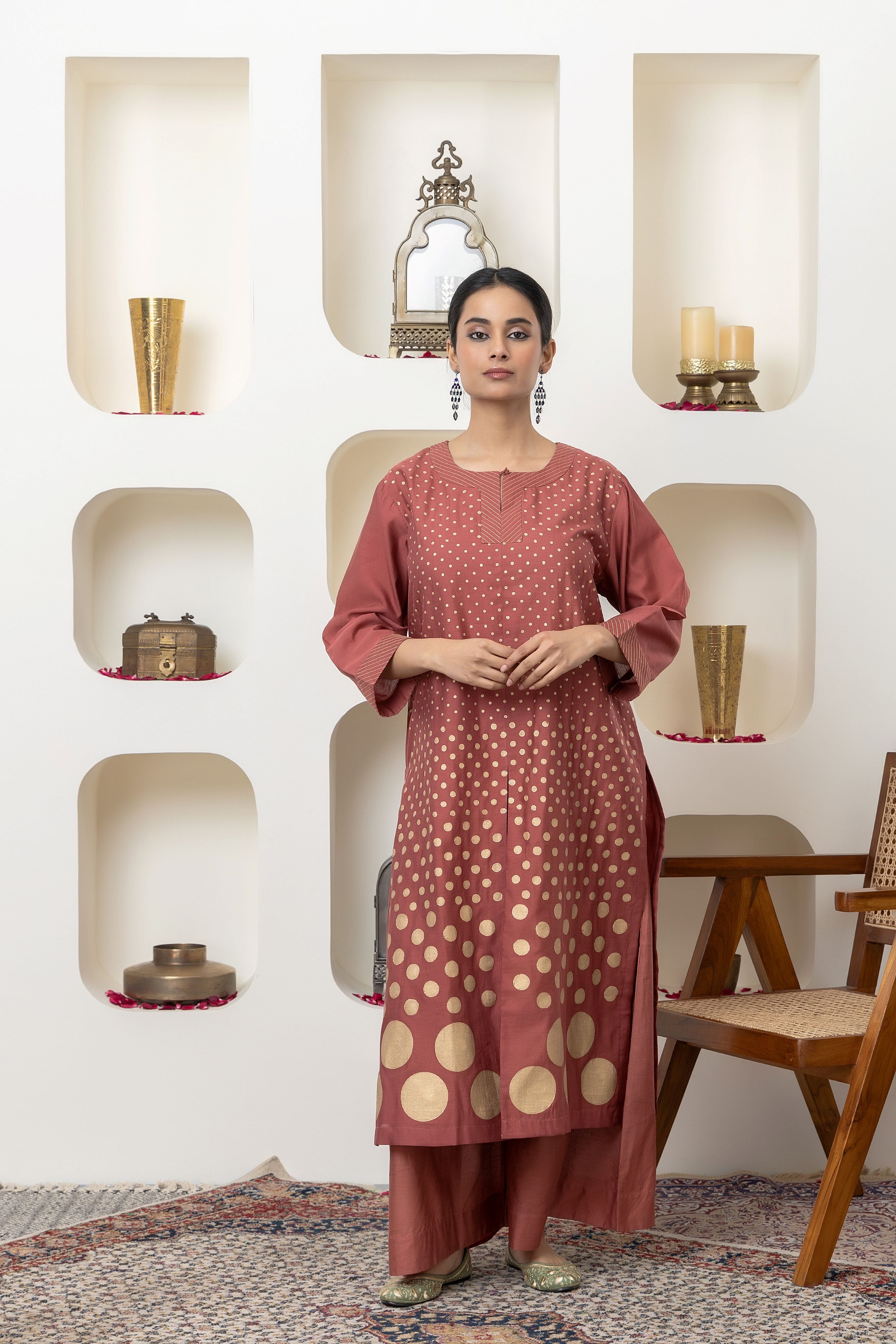 RUST CHANDERI KURTA SET