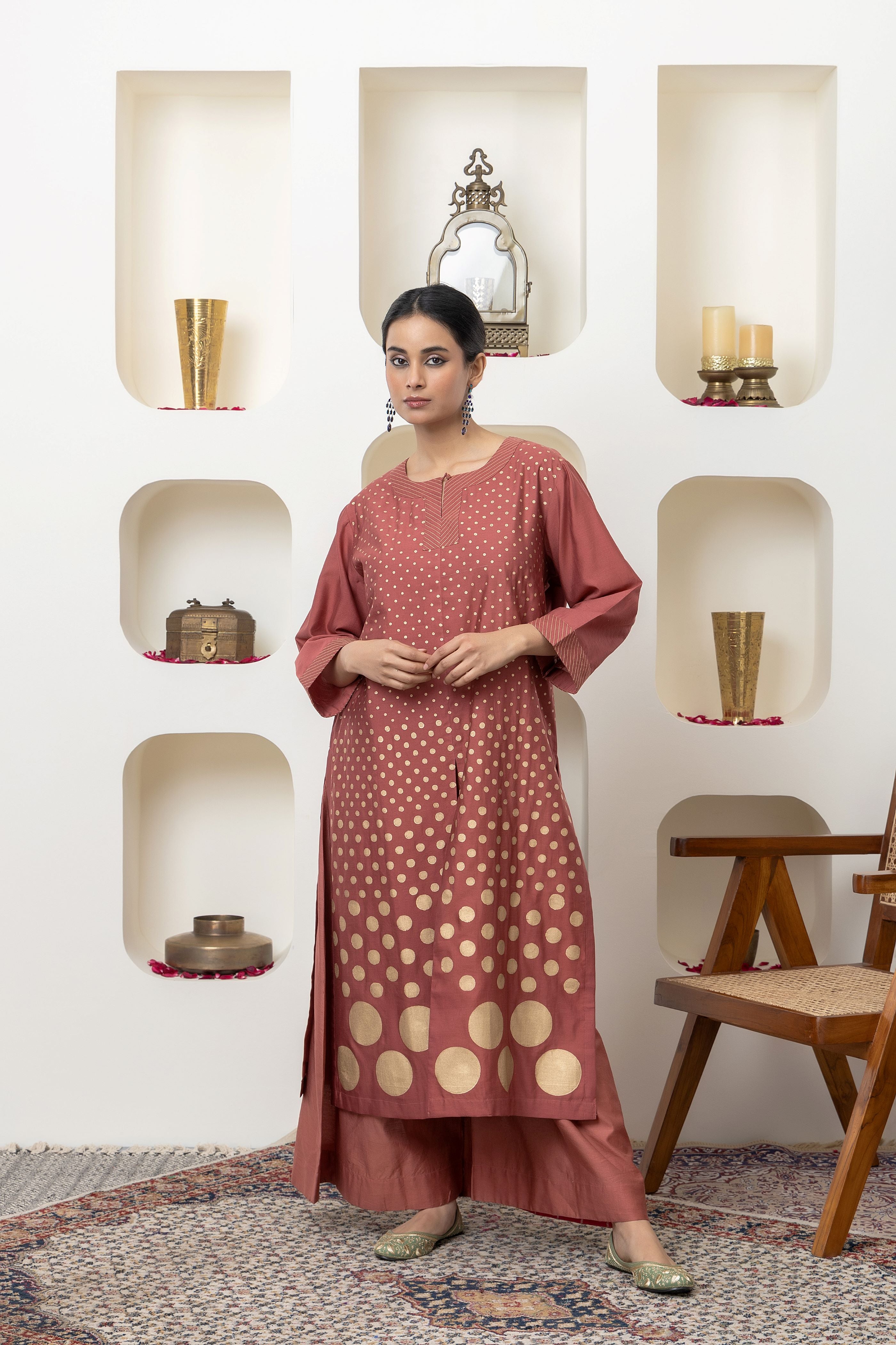 RUST CHANDERI KURTA SET