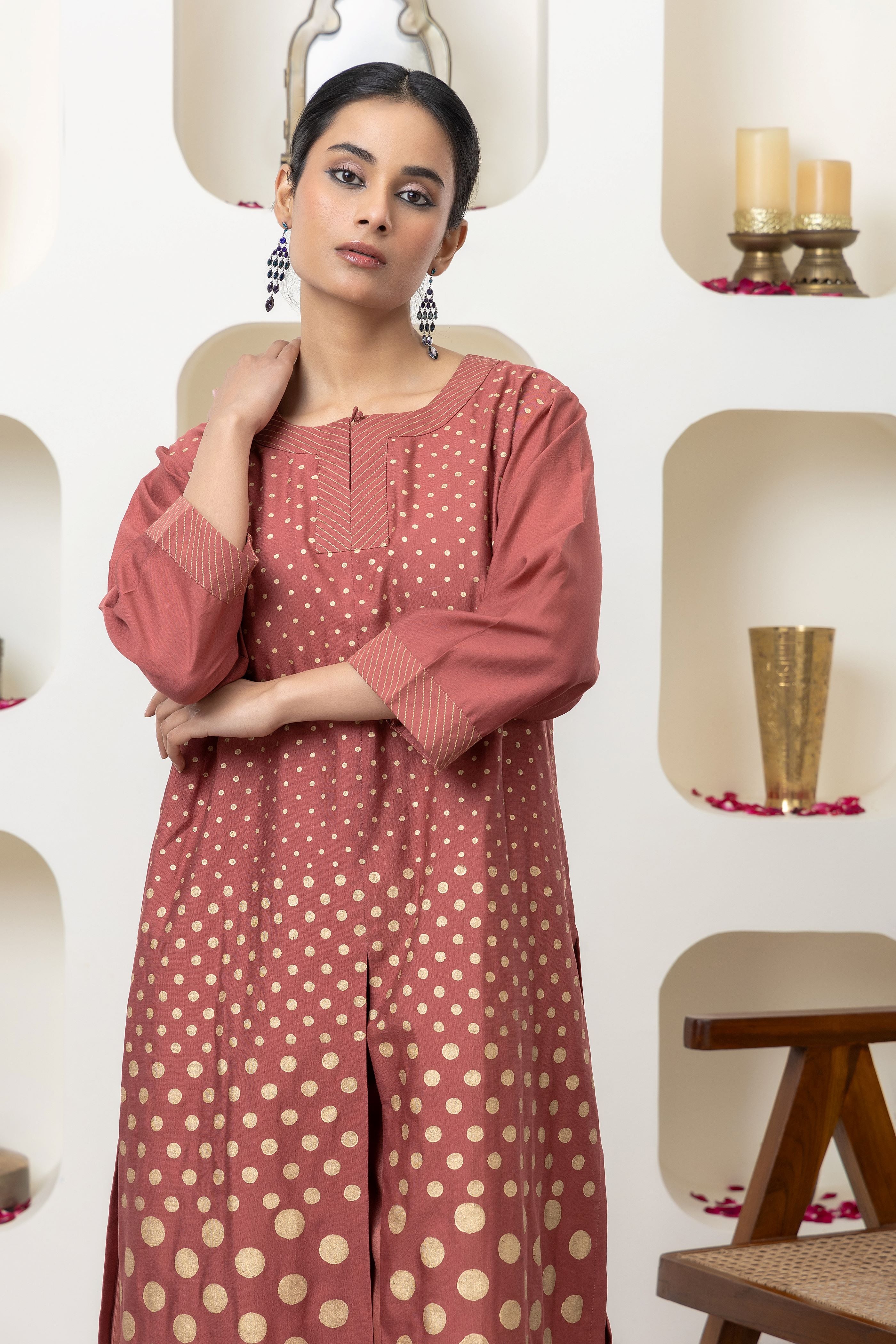 RUST CHANDERI KURTA SET