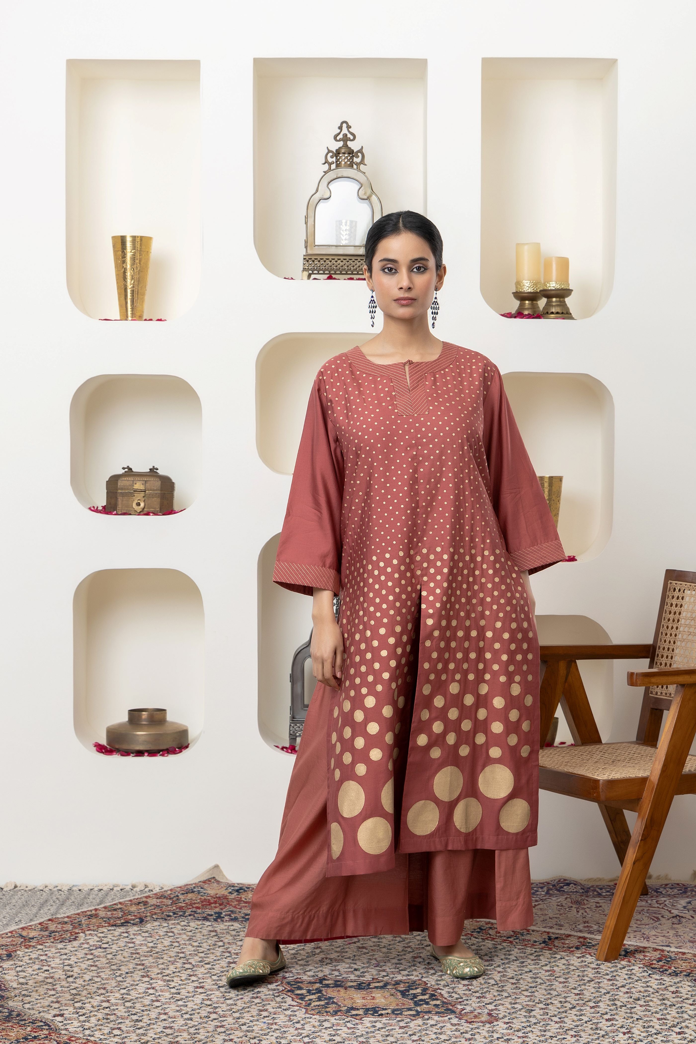 RUST CHANDERI KURTA SET