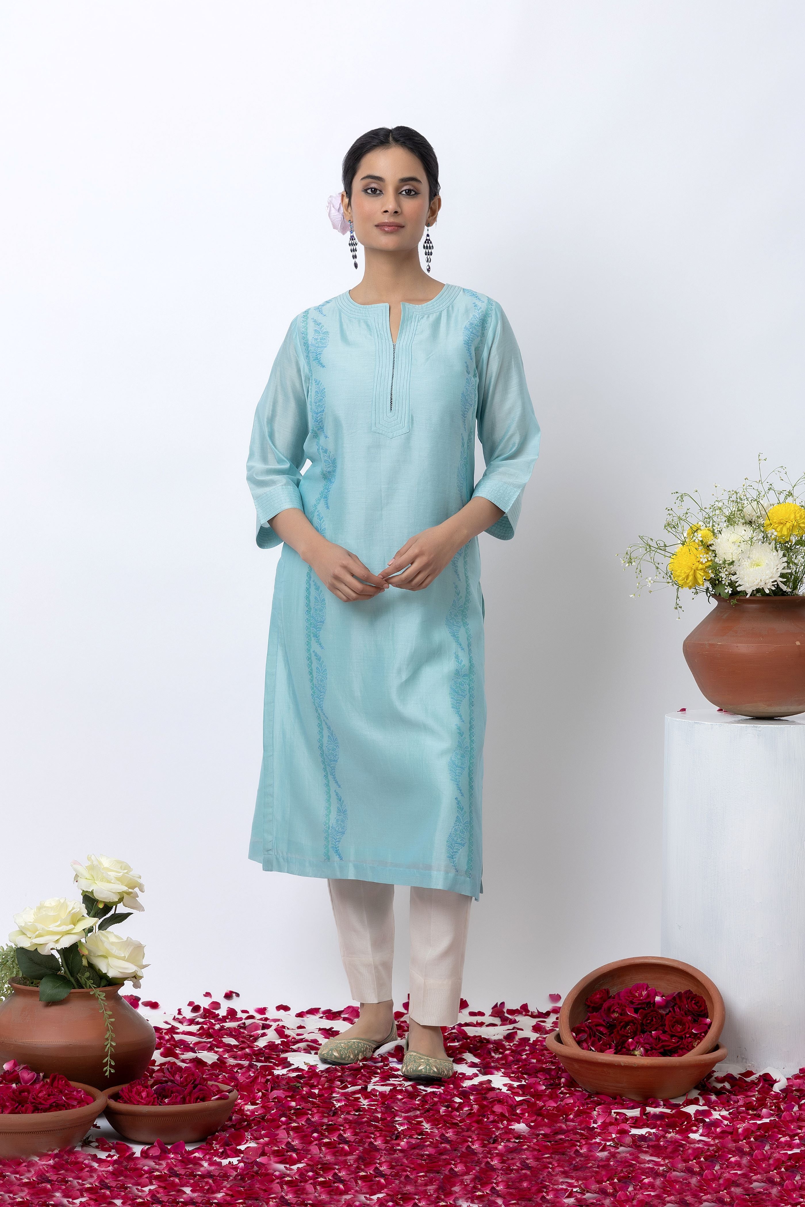 LIGHT BLUE CHANDERI KURTA SET