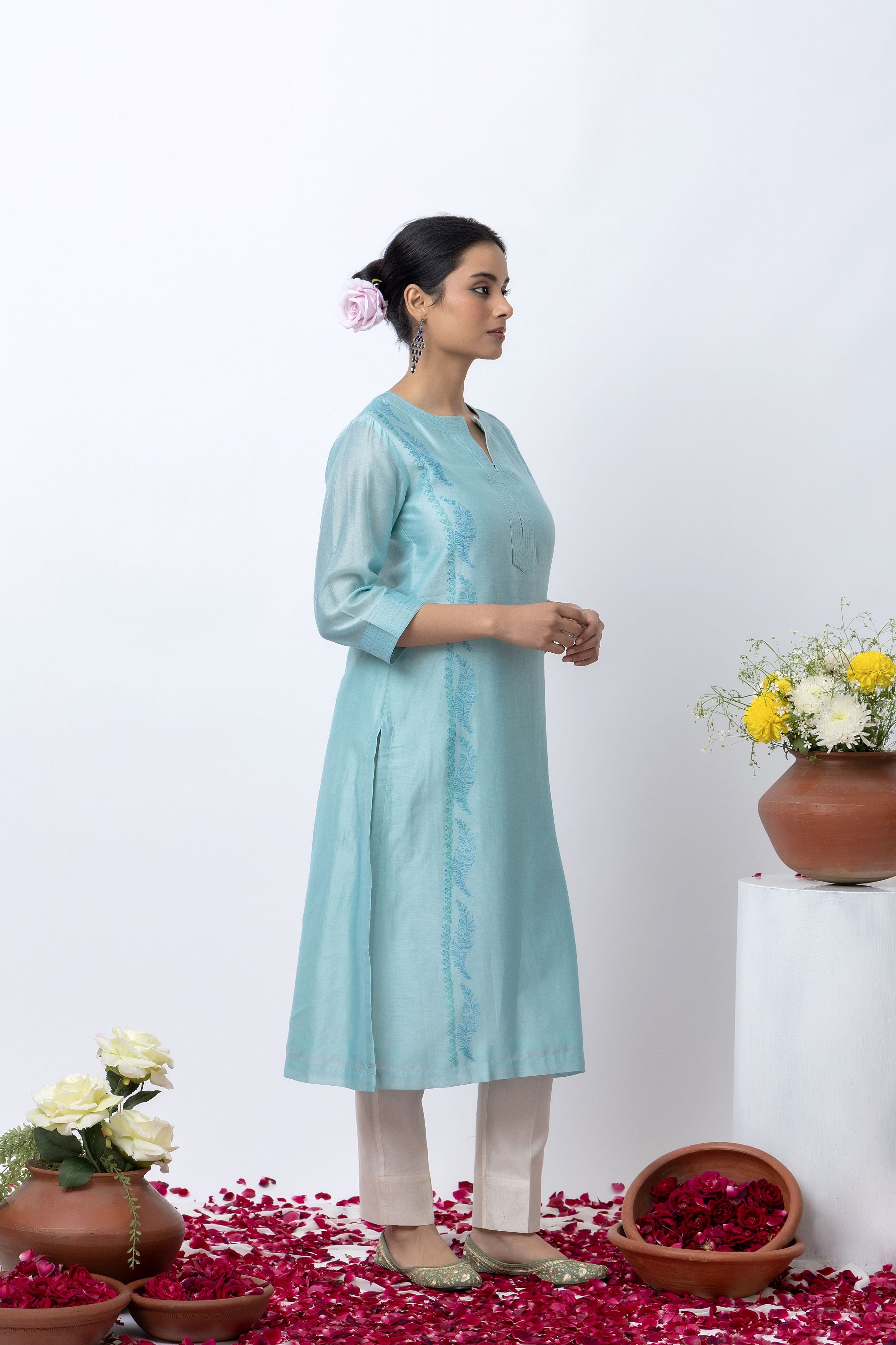 LIGHT BLUE CHANDERI KURTA SET