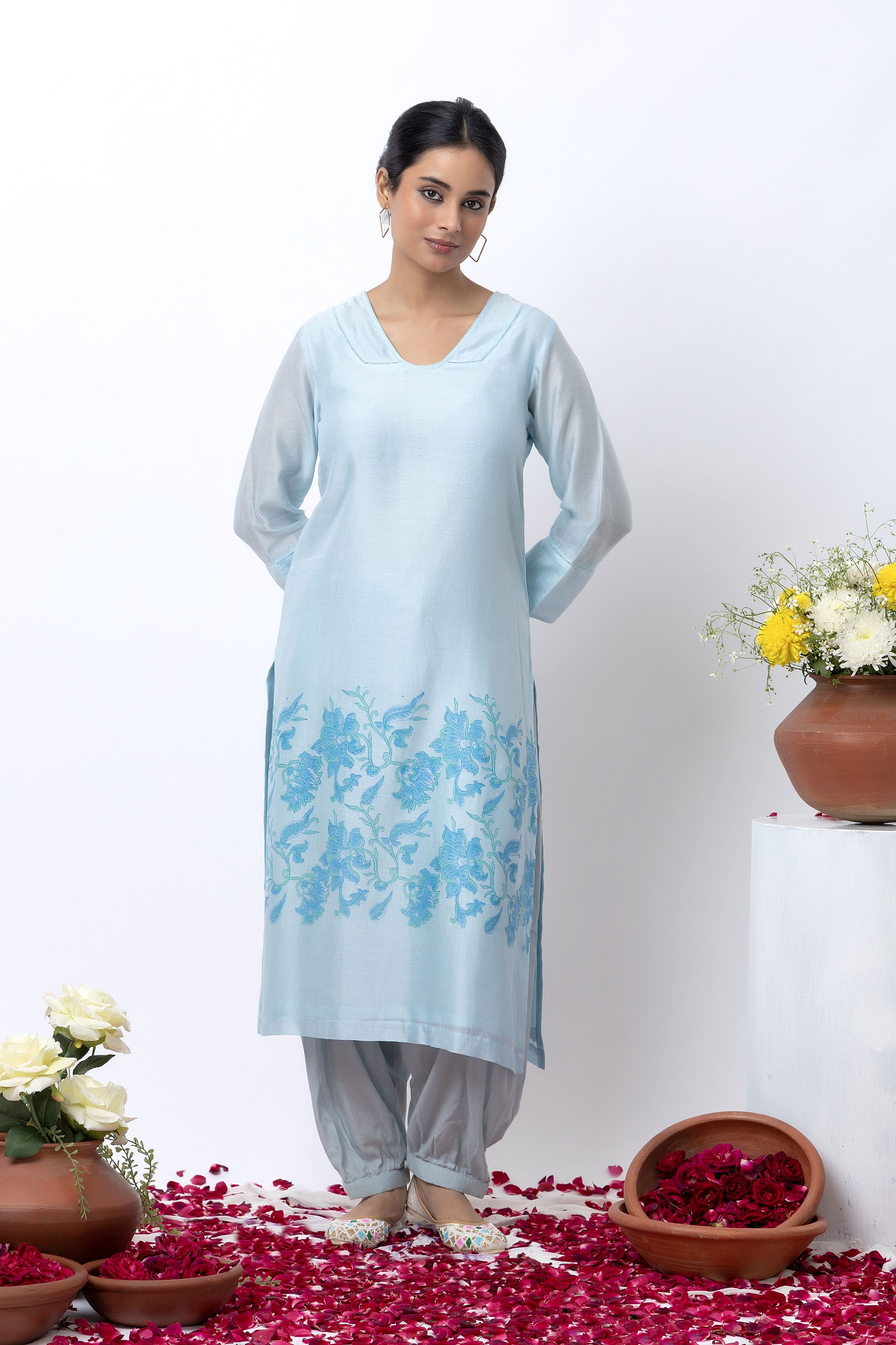 SKY BLUE BLOCK PRINTED KURTA SET