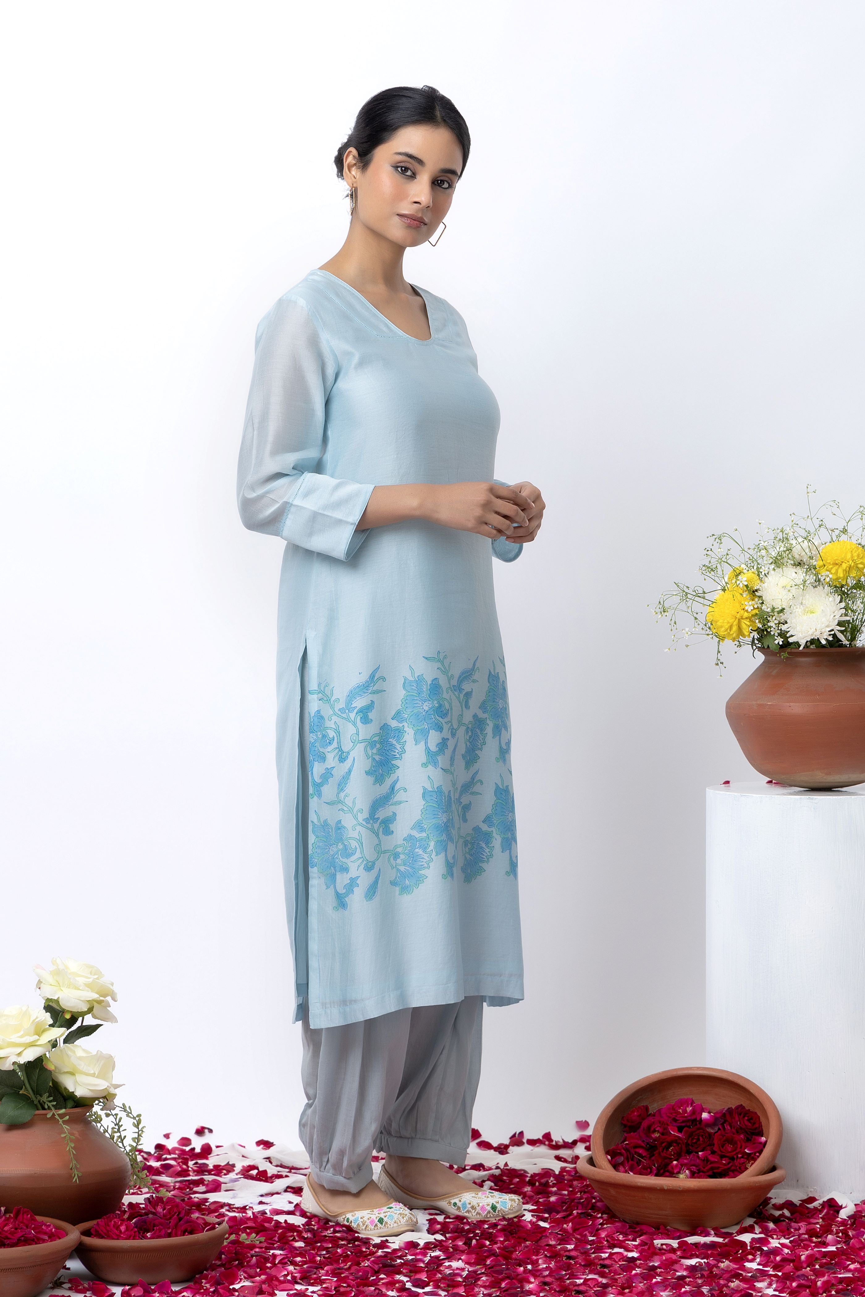 SKY BLUE BLOCK PRINTED KURTA SET