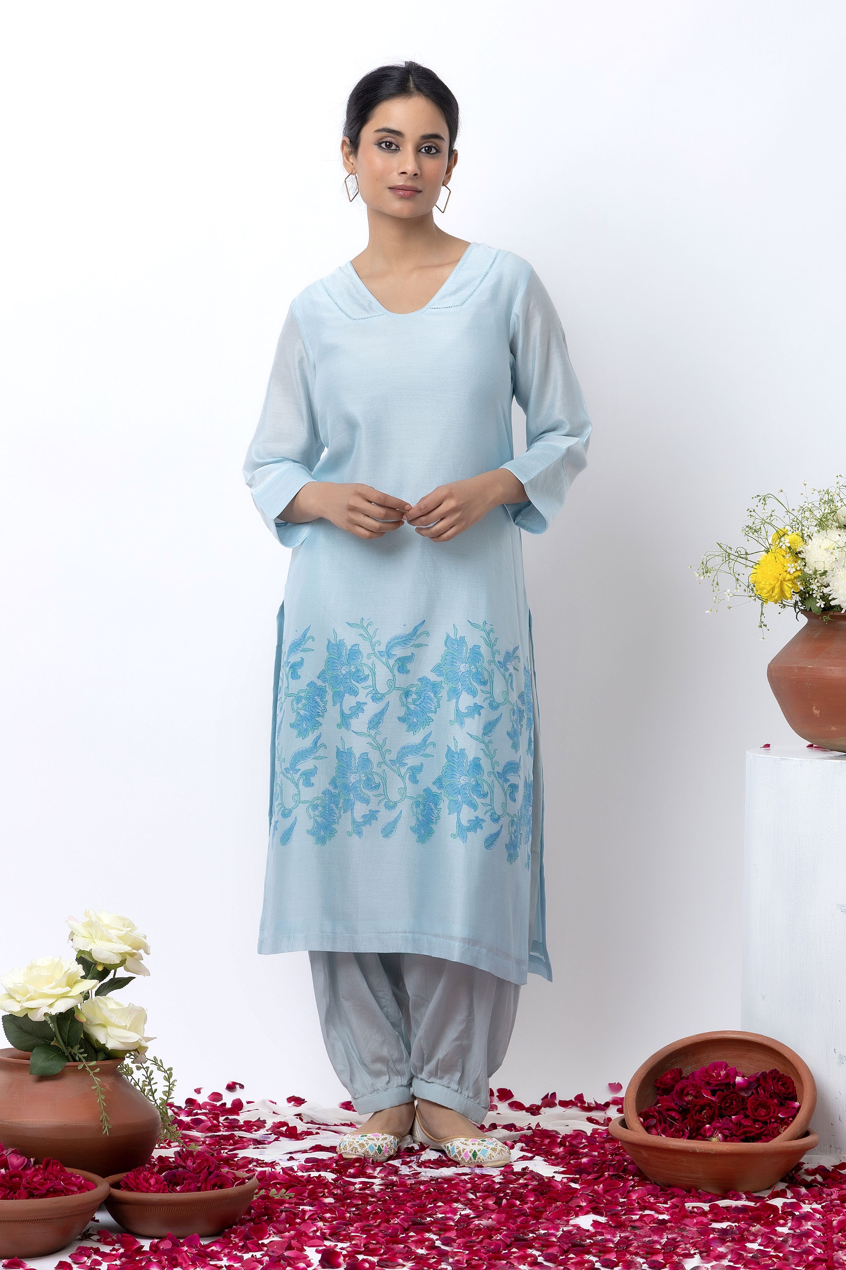 SKY BLUE BLOCK PRINTED KURTA SET