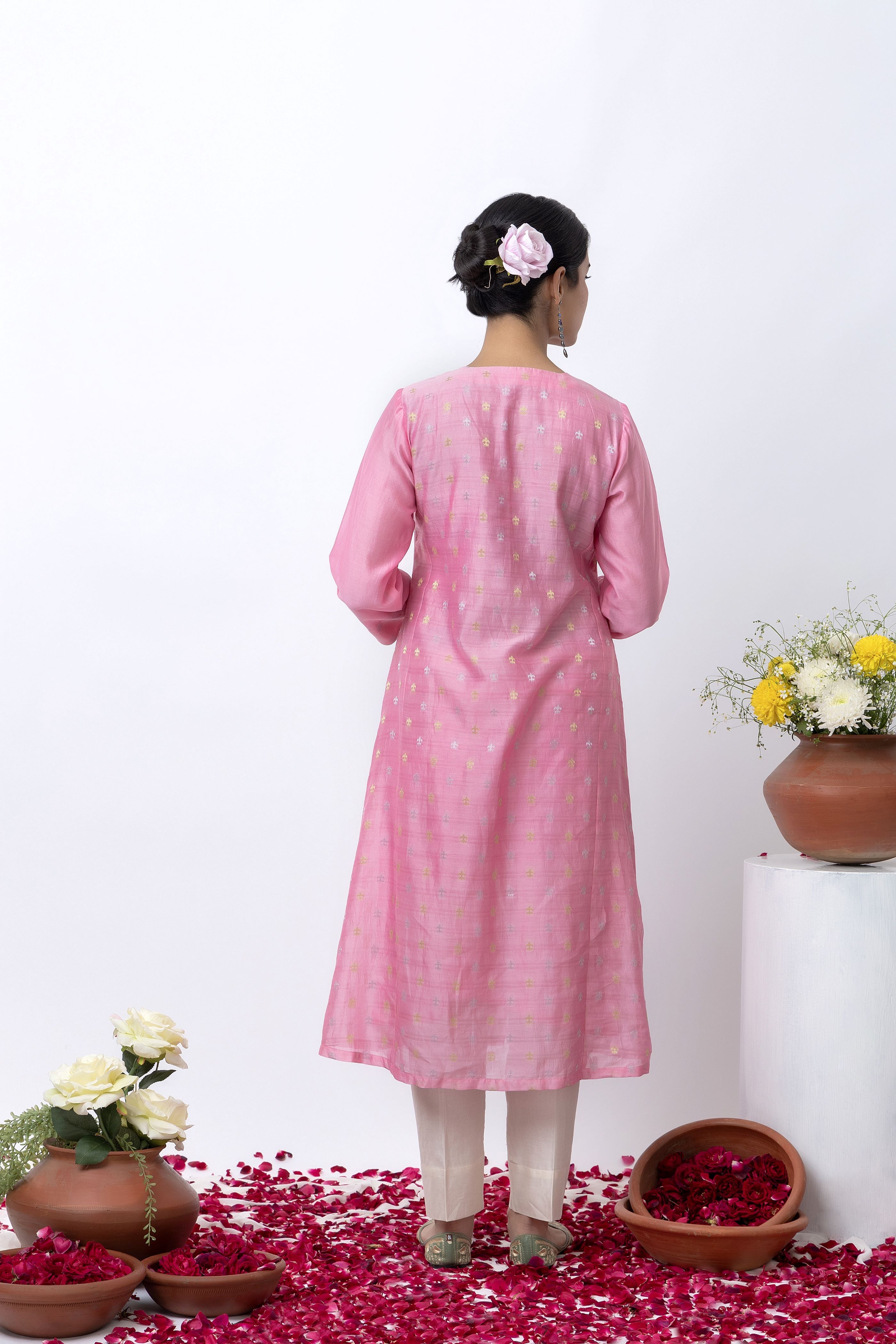 CHANDERI JACQUARD PINK KURTA SET