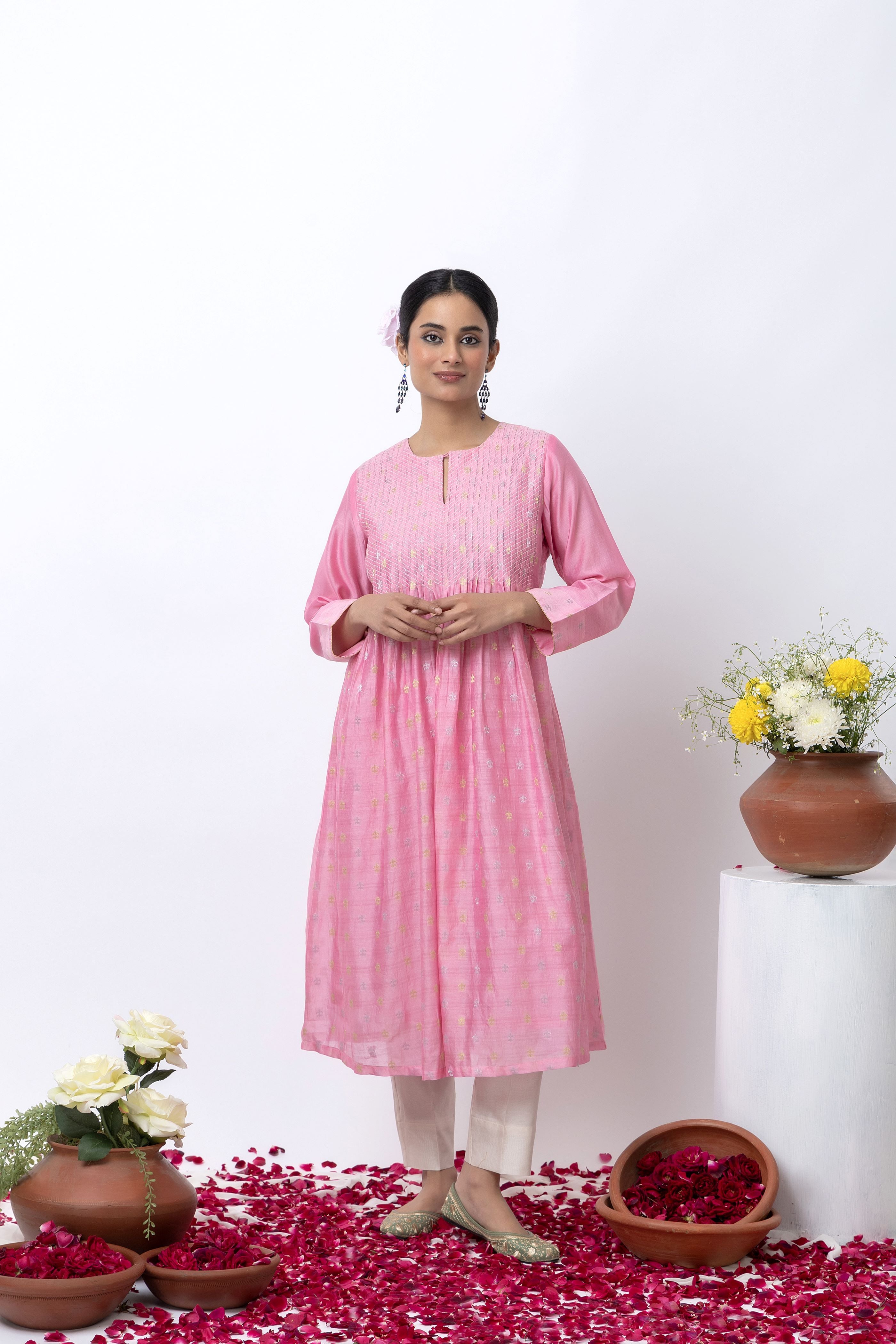 CHANDERI JACQUARD PINK KURTA SET