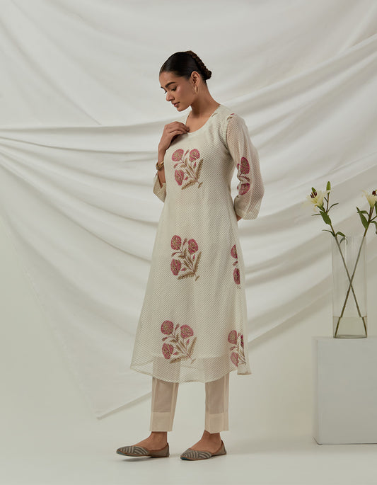 Hand woven Chanderi stripes printed kurta Ivory and pants