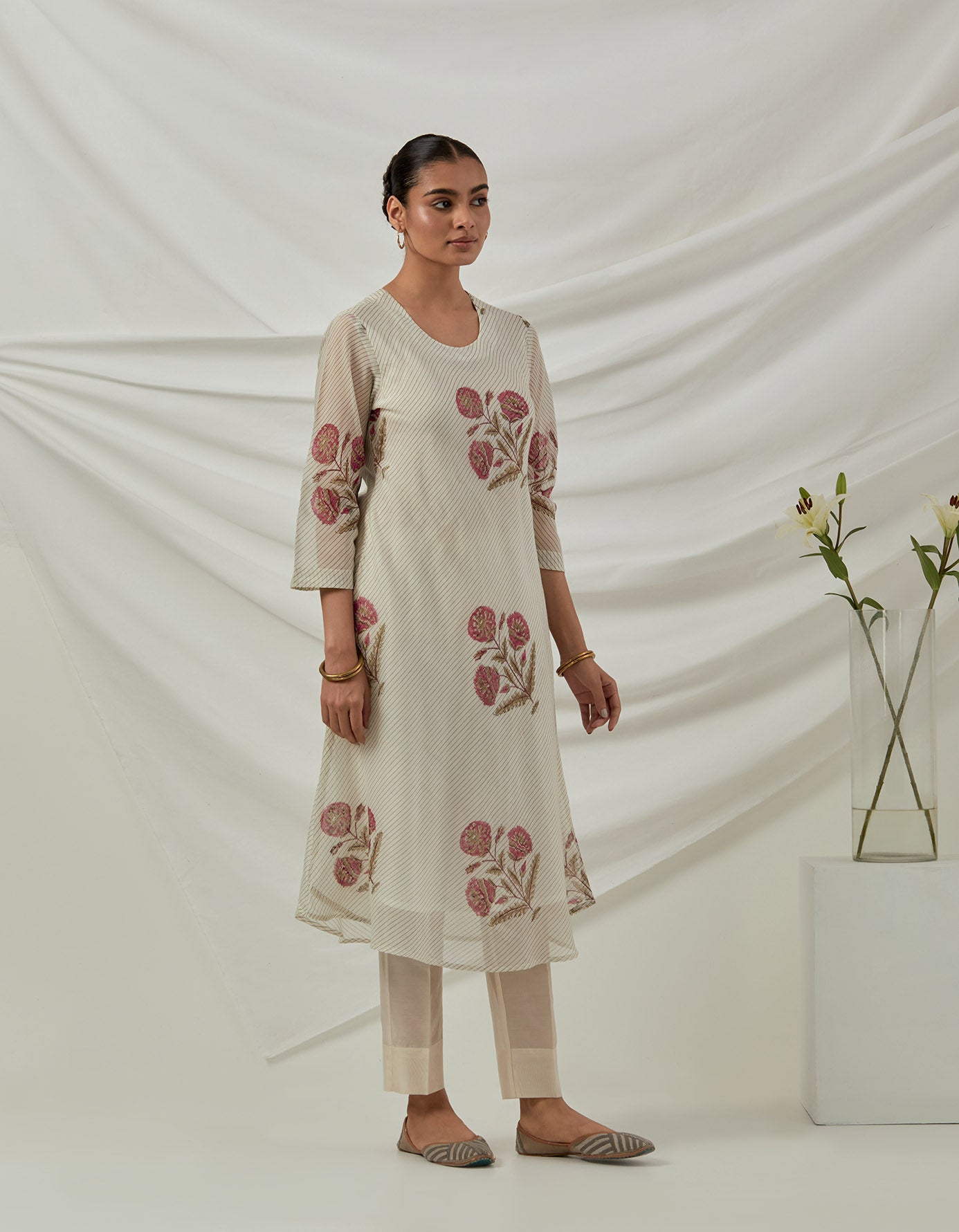 Hand woven Chanderi stripes printed kurta Ivory and pants