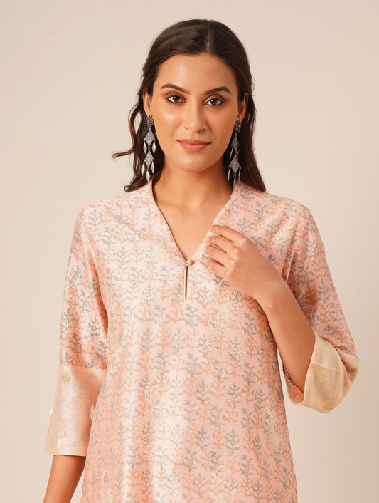 Pink chanderi handblock printed kurta with chanderi pants