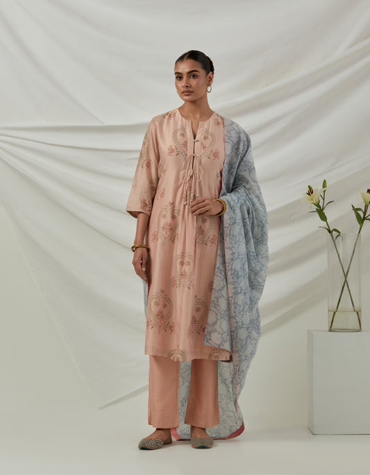 Hand block printed Chanderi Kurta/dress paired with chanderi pants