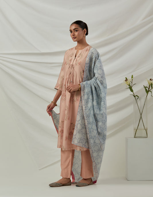 Hand block printed Chanderi Kurta/dress paired with chanderi pants