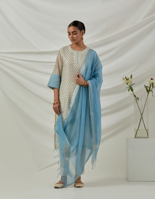 Off white Chanderi checks block printed kurta