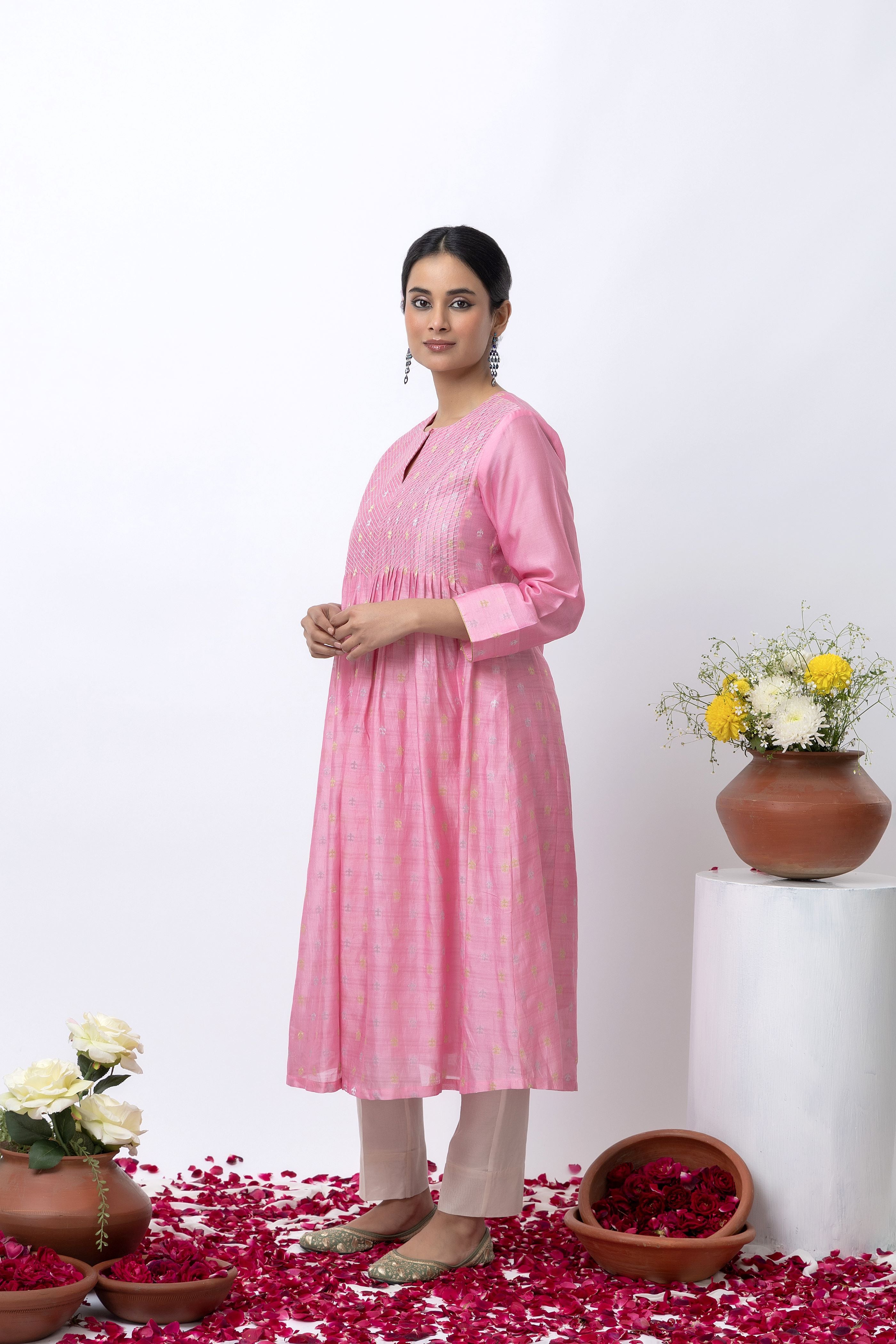 CHANDERI JACQUARD PINK KURTA SET