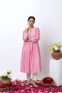 CHANDERI JACQUARD PINK KURTA SET