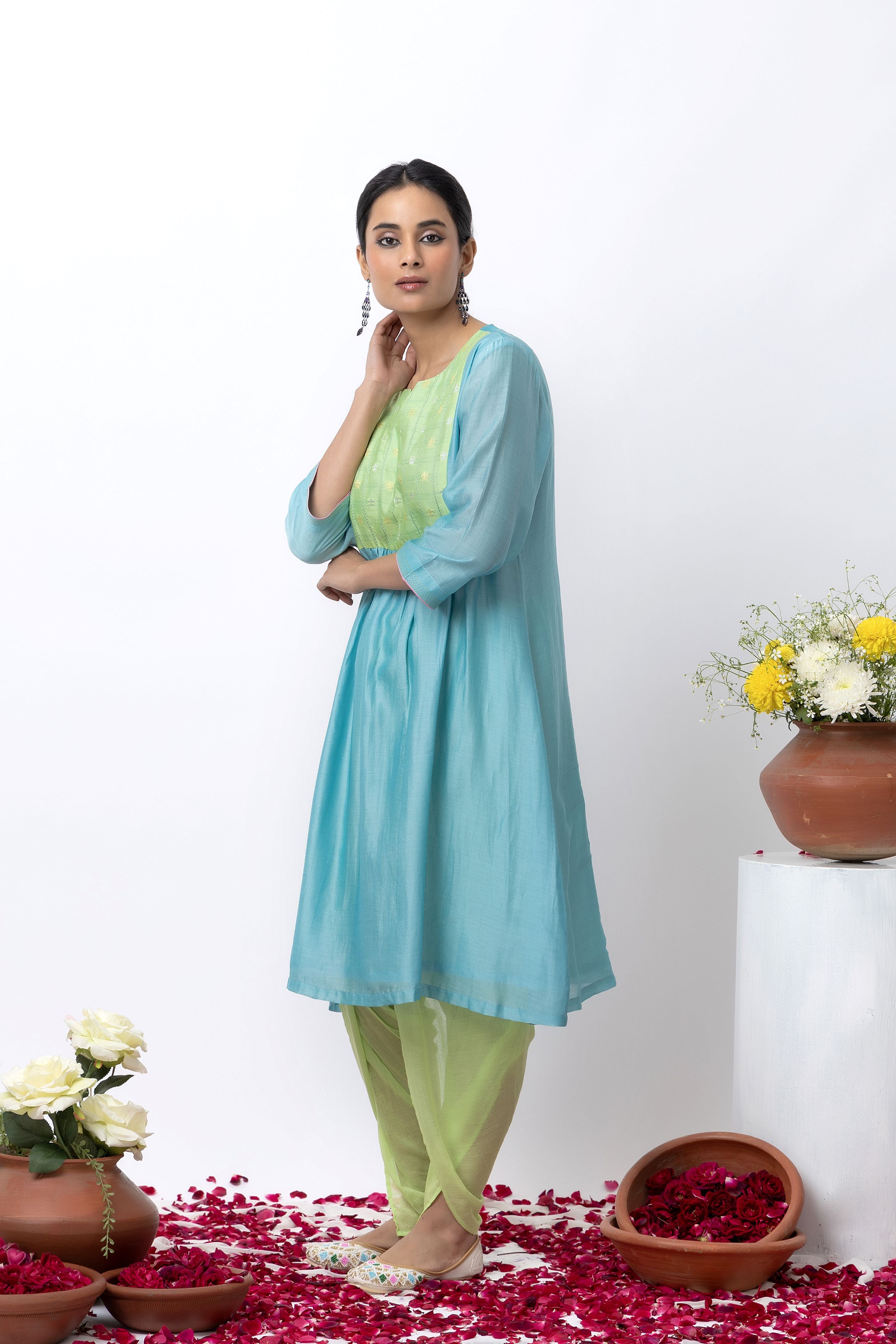 TURQUOISE CHANDERI KURTA SET