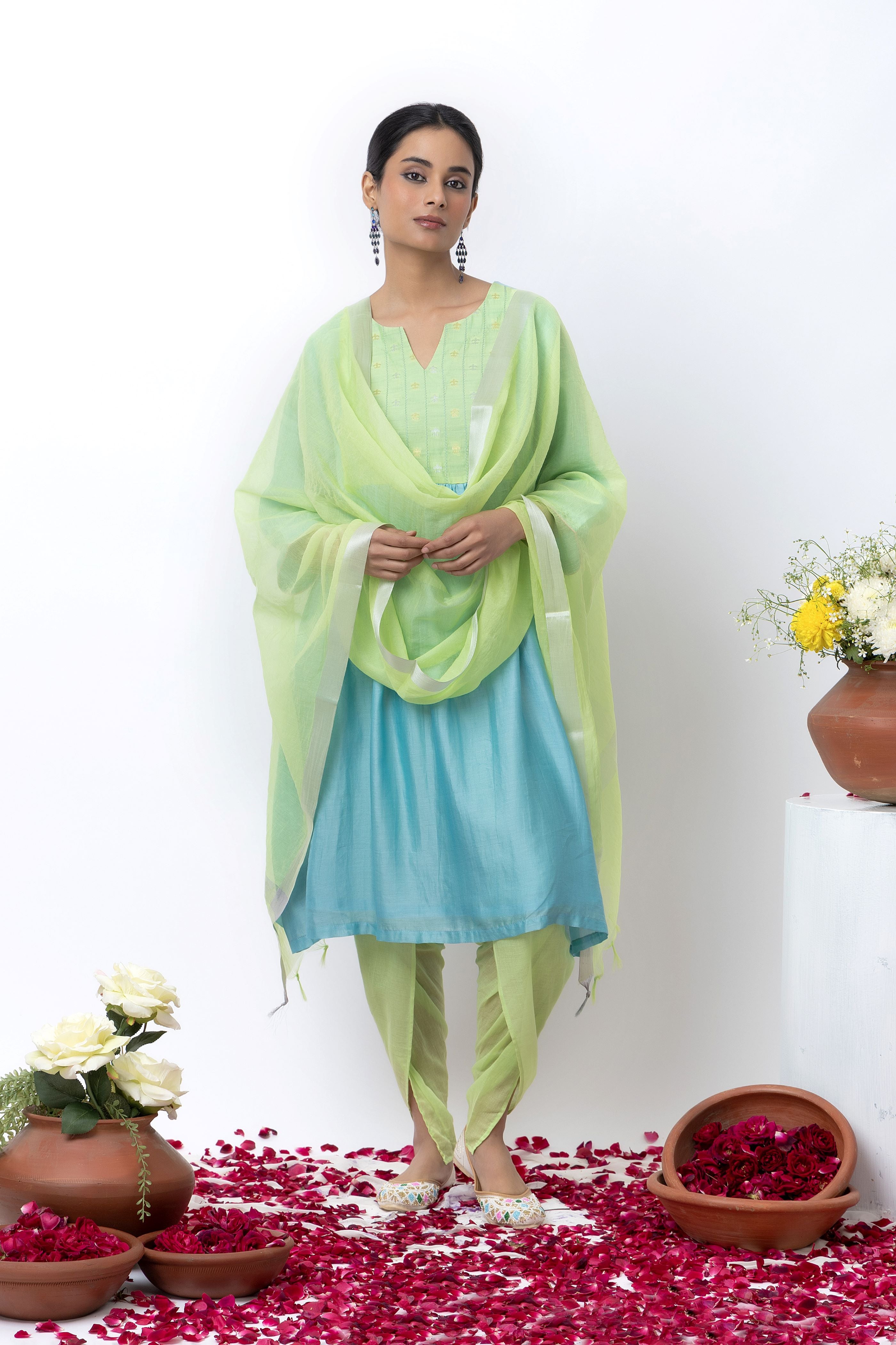 TURQUOISE CHANDERI KURTA SET