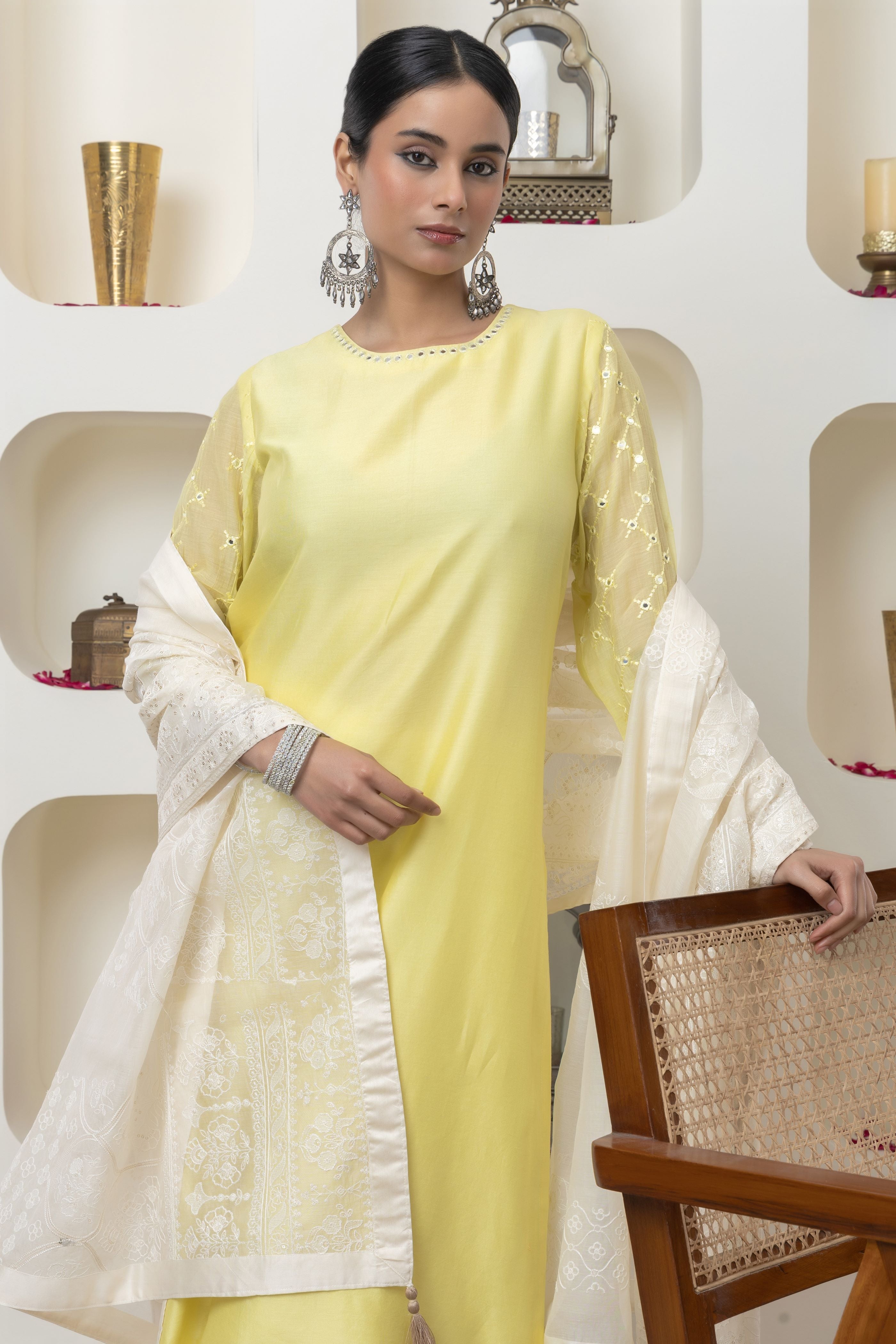 YELLOW MIRROR WORK KURTA SET