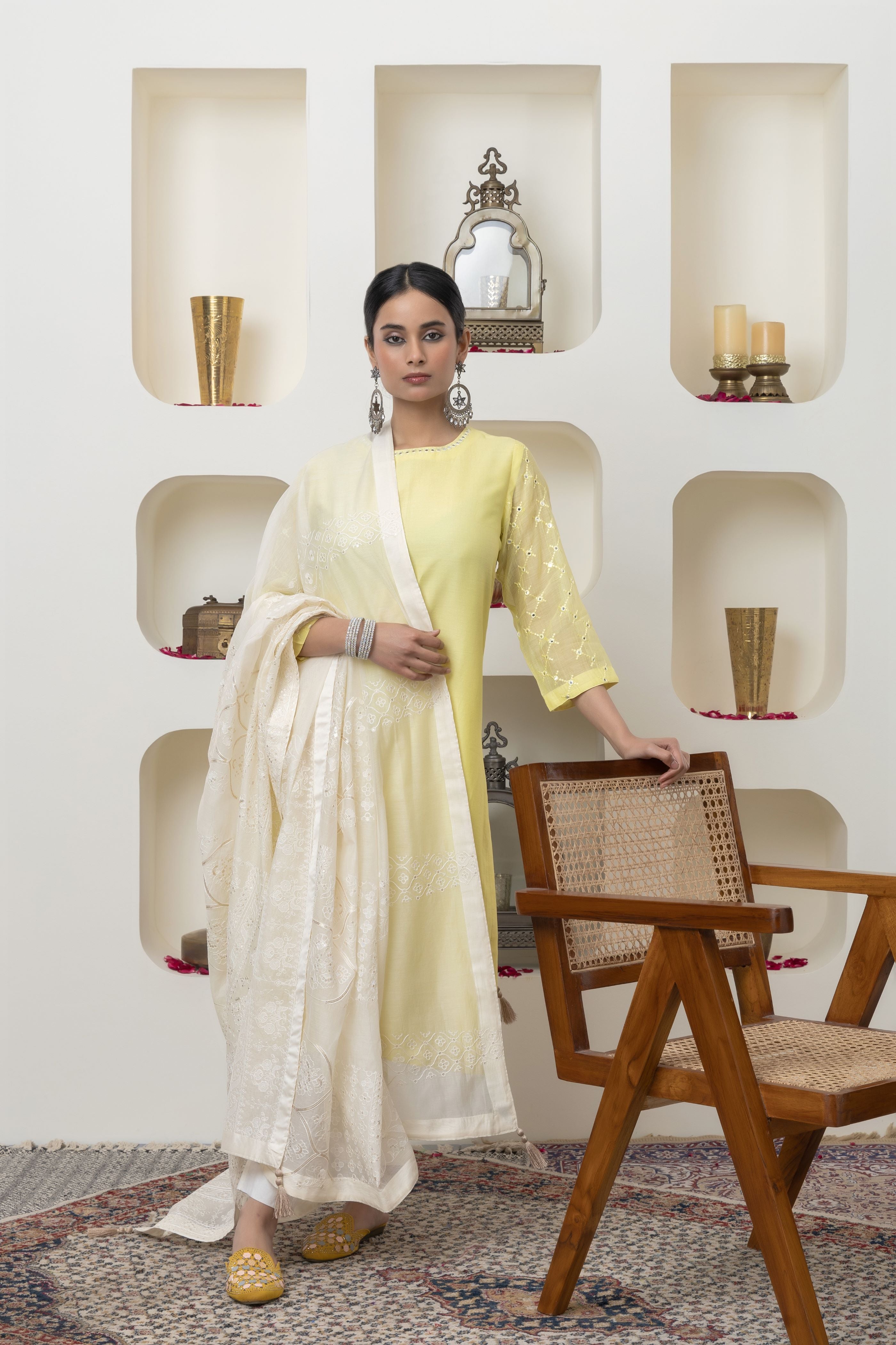 YELLOW MIRROR WORK KURTA SET