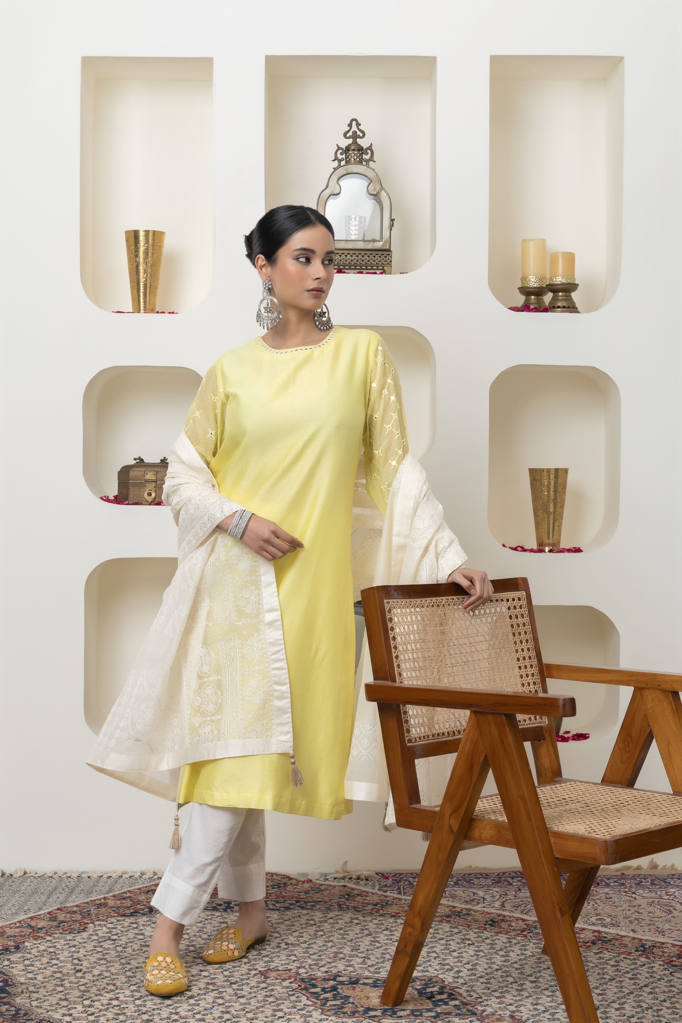 YELLOW MIRROR WORK KURTA SET