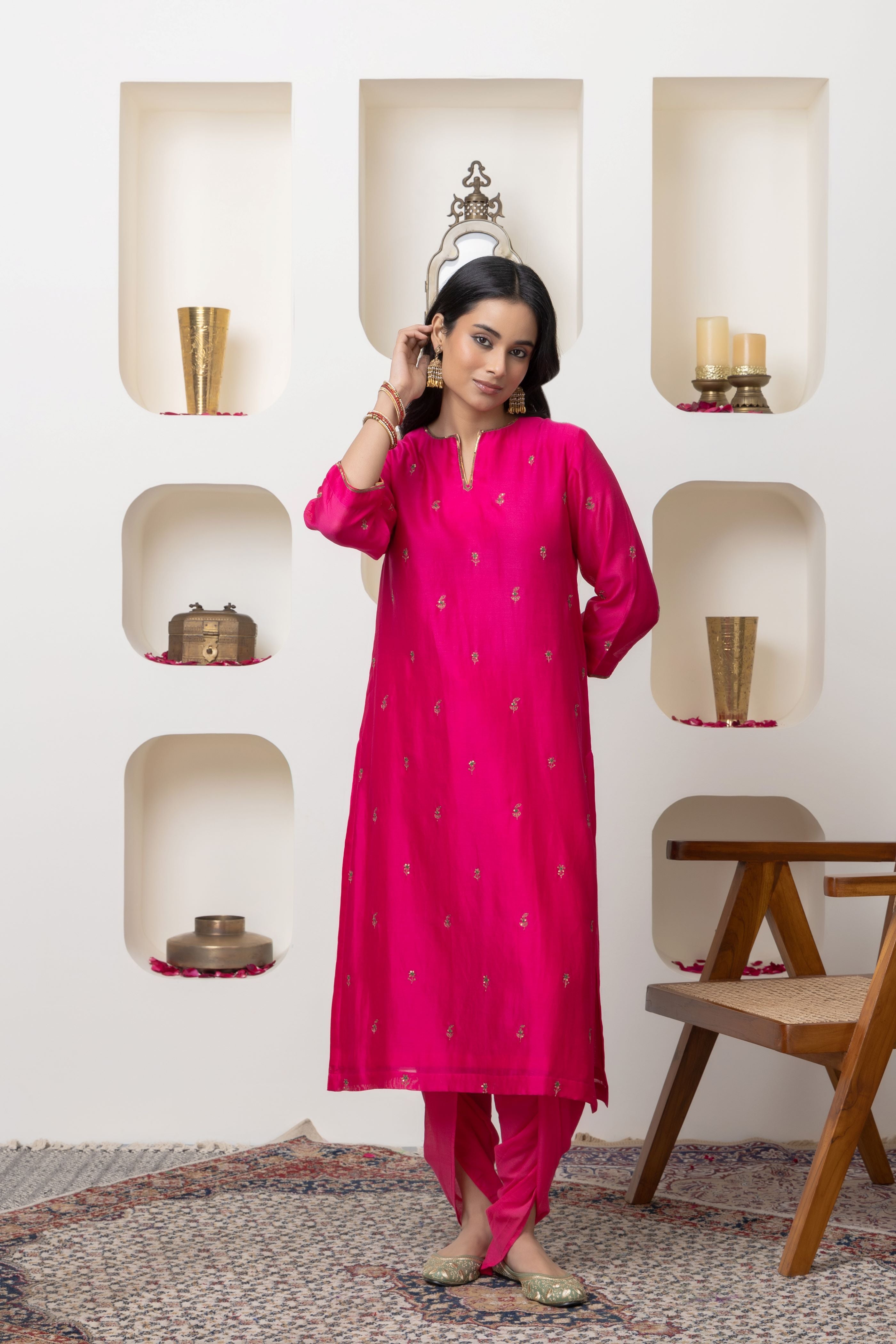 Fuschia hand embroidered kurta set