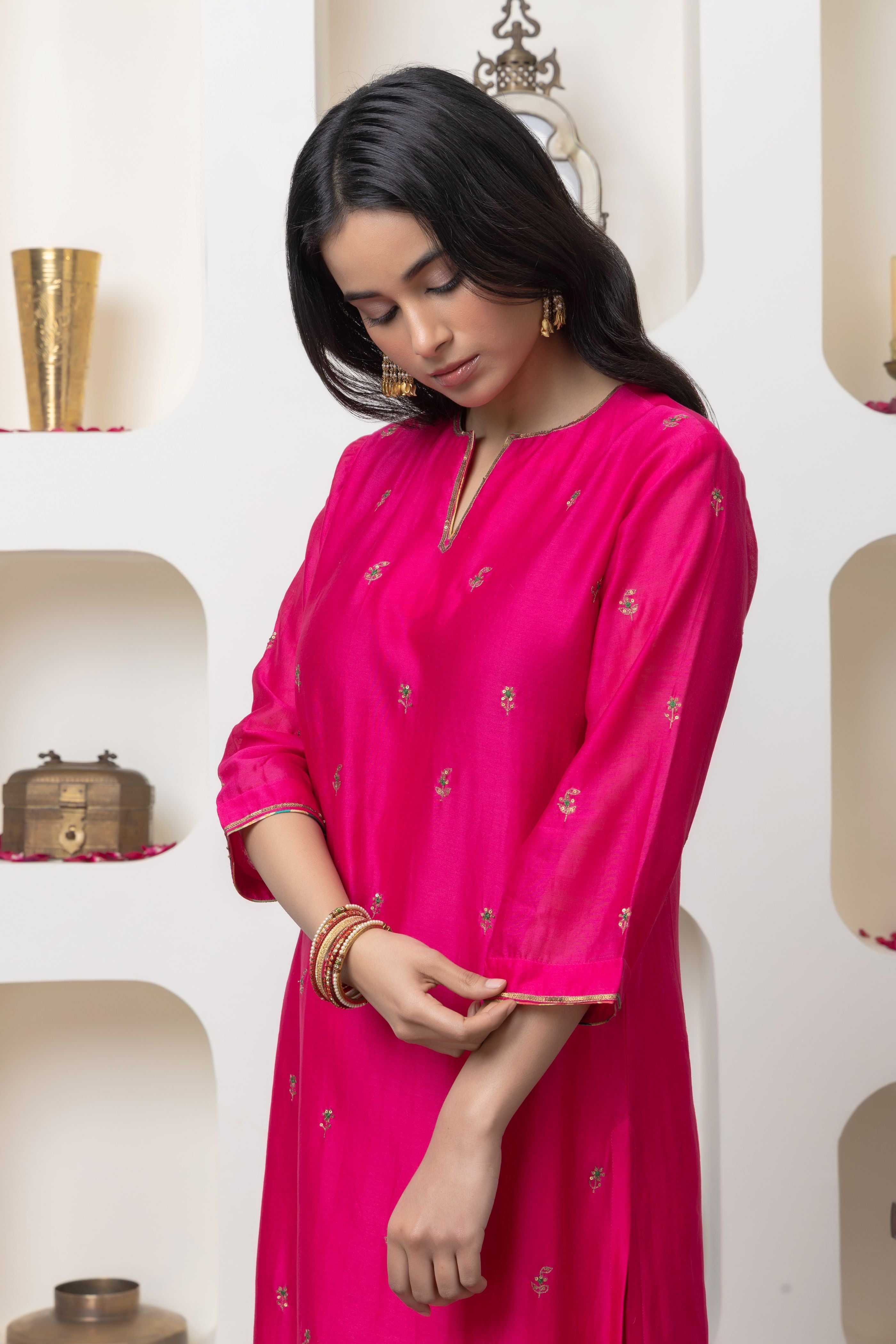 Fuschia hand embroidered kurta set