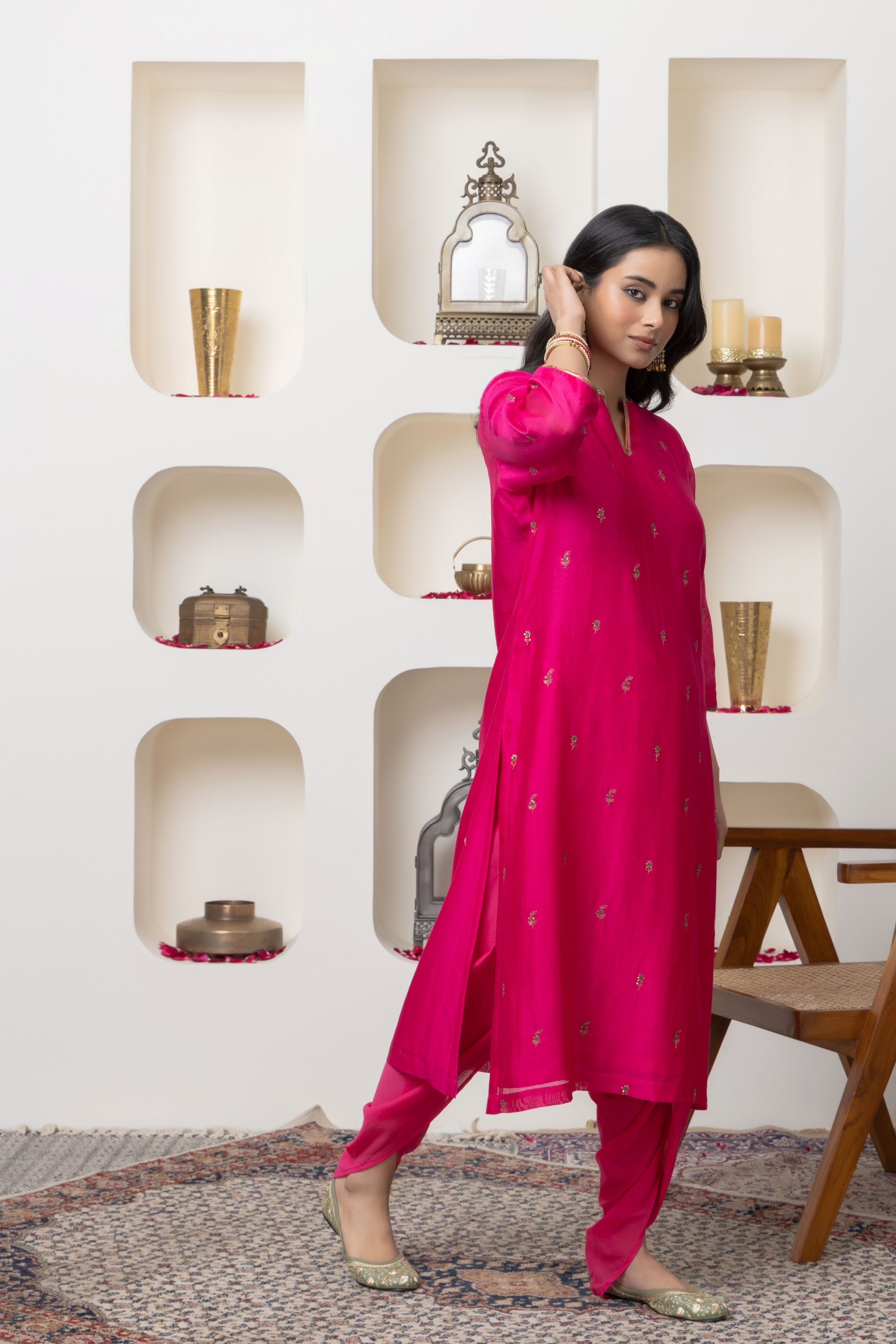 Fuschia hand embroidered kurta set