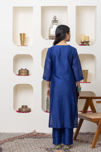 Navy blue hand embroidered chanderi kurta set