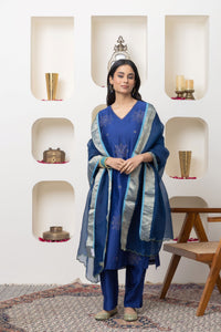 Navy blue hand embroidered chanderi kurta set