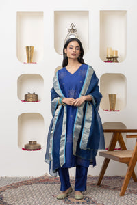 Navy blue hand embroidered chanderi kurta set