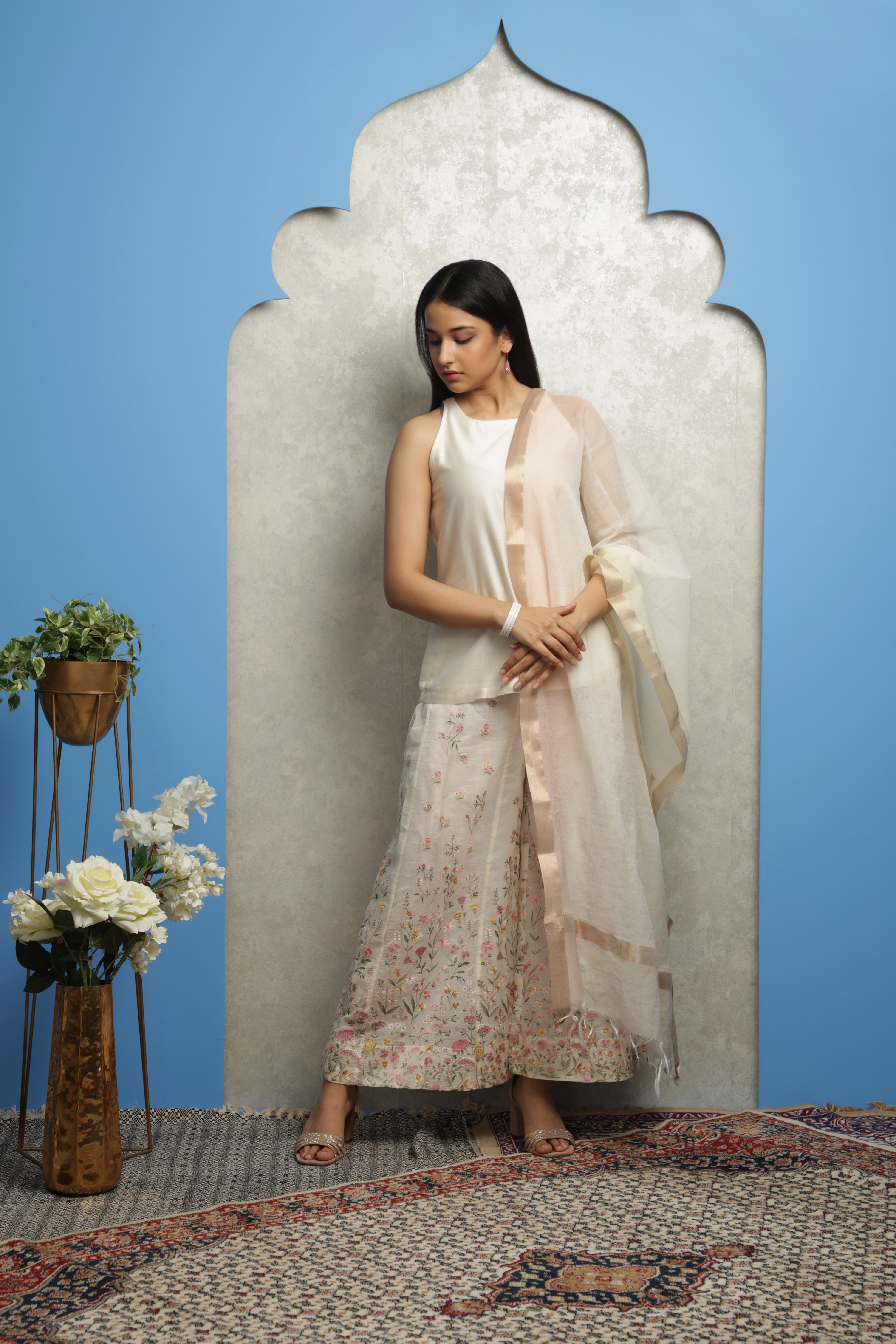 OFF WHITE CHANDERI EMBROIDERED PALLAZO SET