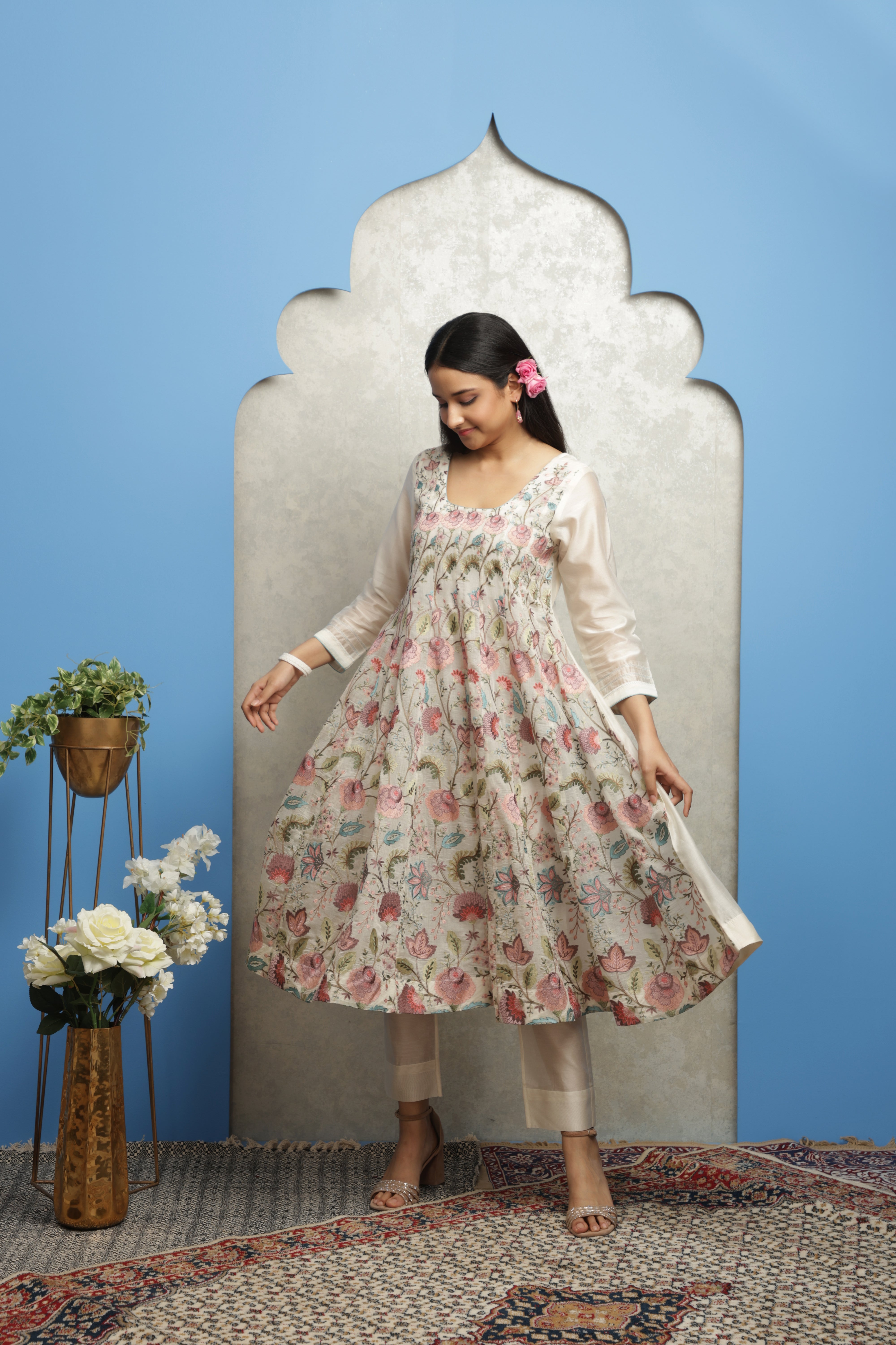 EMBROIDERED CHANDERI ANARKALI WITH CHANDERI PANTS AND DUPATTA