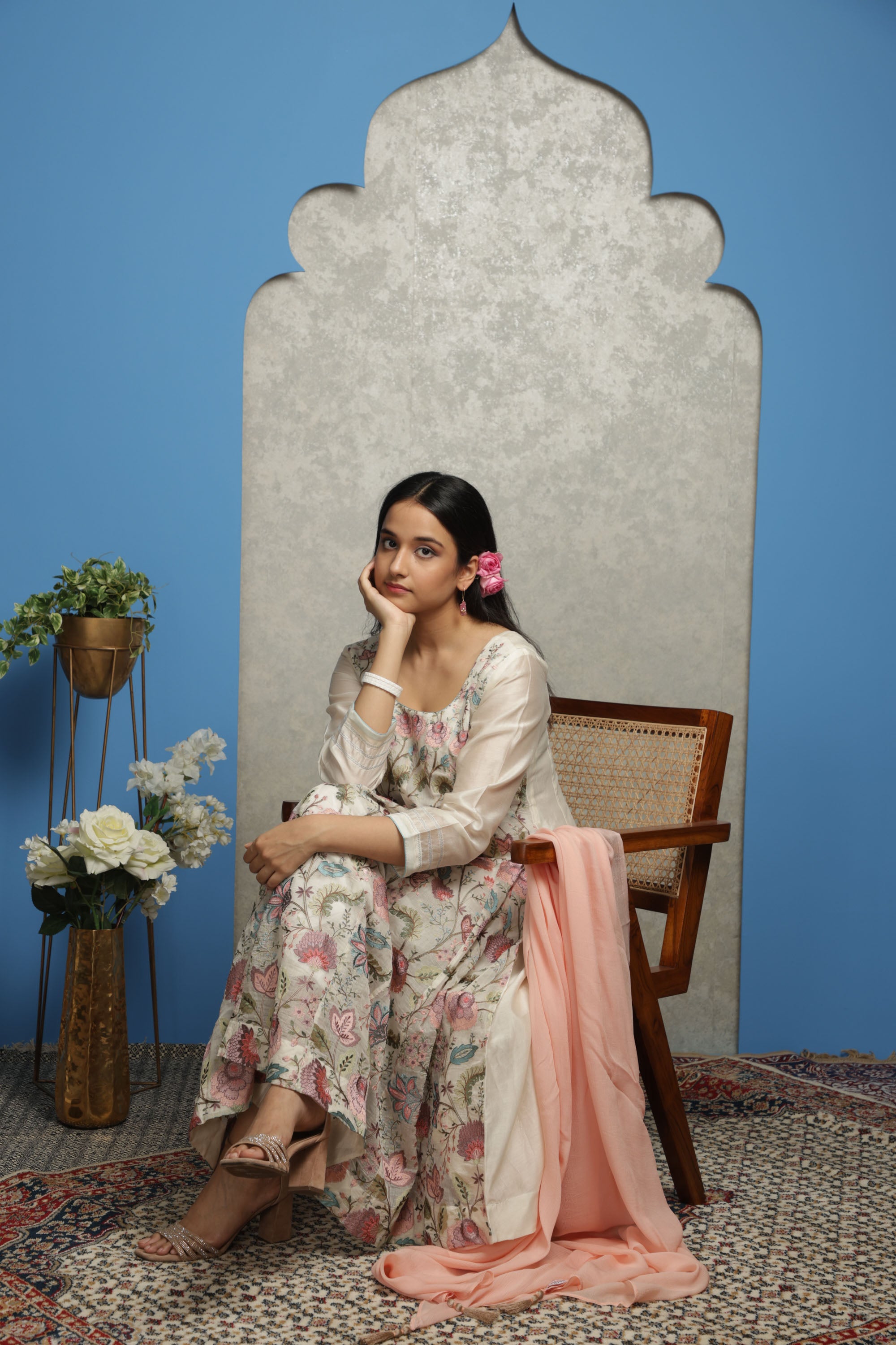 EMBROIDERED CHANDERI ANARKALI WITH CHANDERI PANTS AND DUPATTA