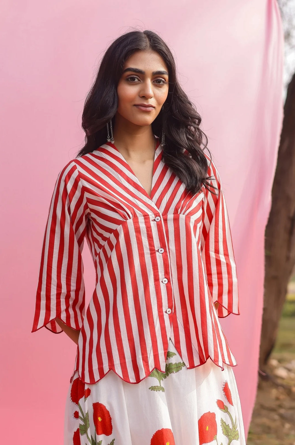 Brij Red Poppy & Stripe Top & Skirt Set