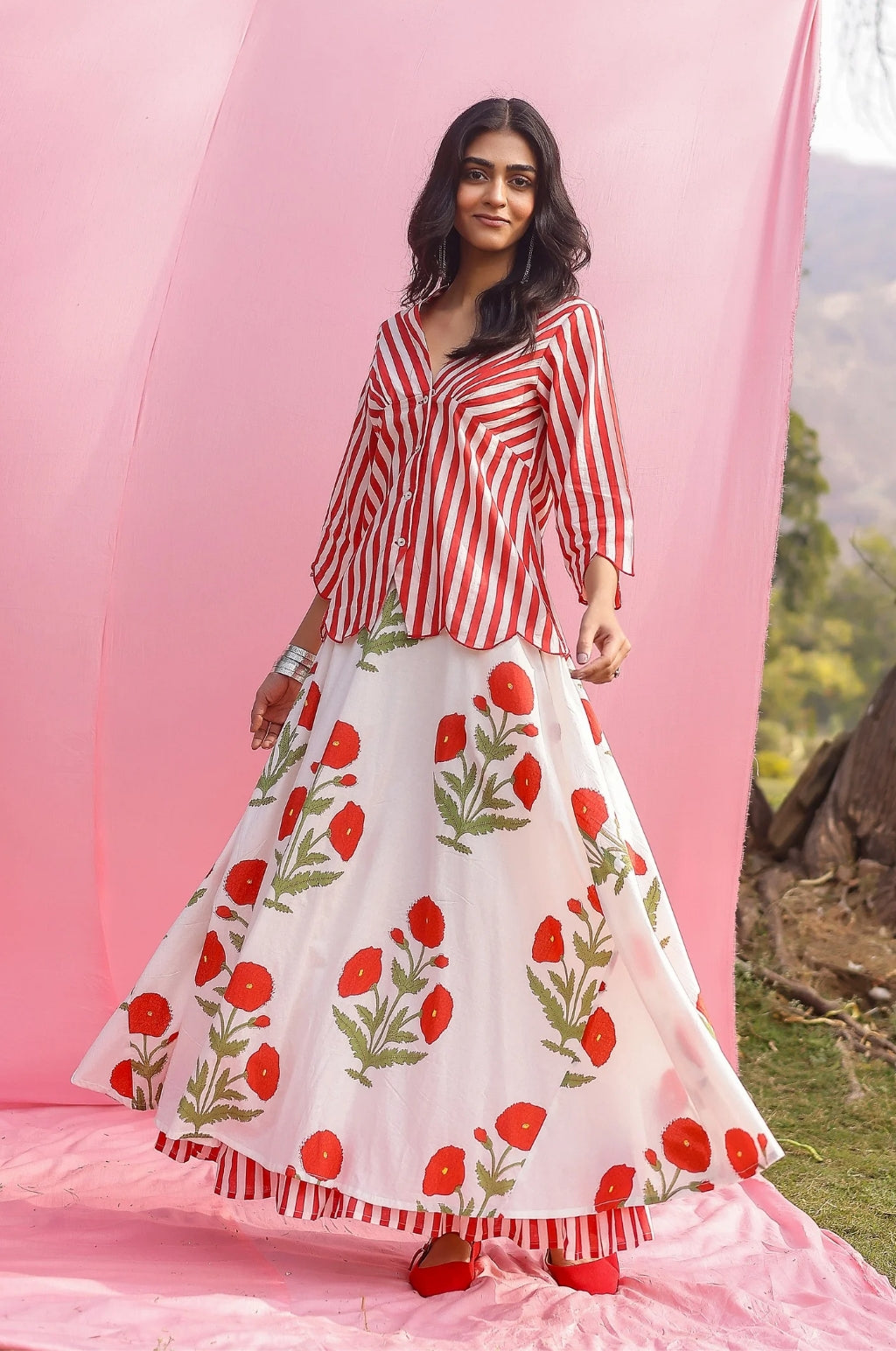 Brij Red Poppy & Stripe Top & Skirt Set