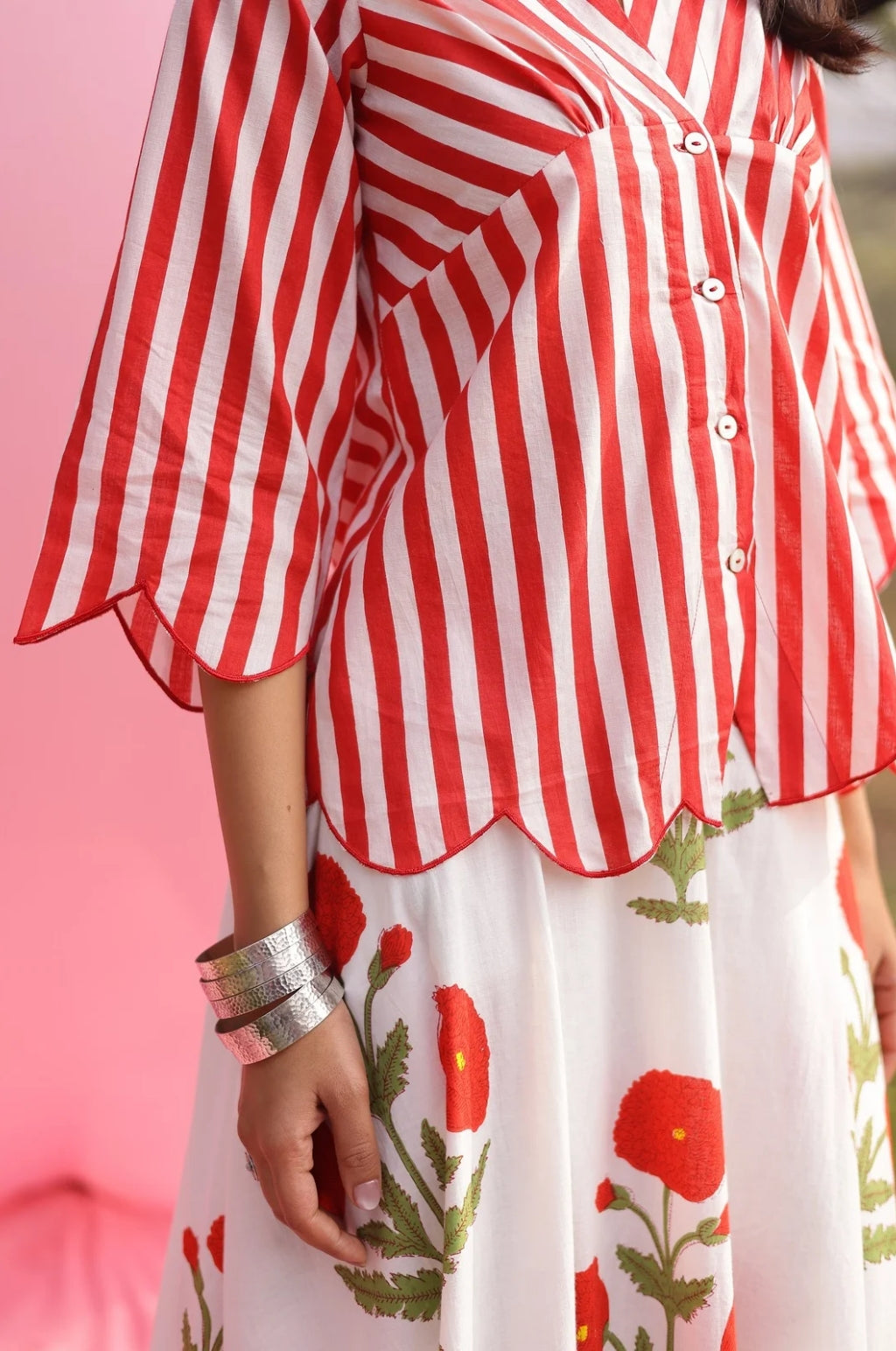 Brij Red Poppy & Stripe Top & Skirt Set