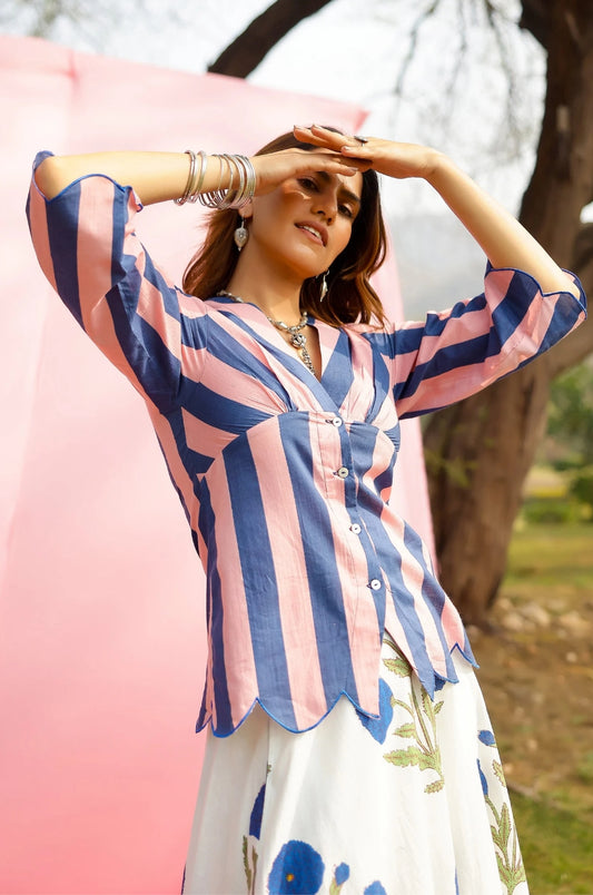Brij Blue Poppy & Stripe Top & Skirt Set