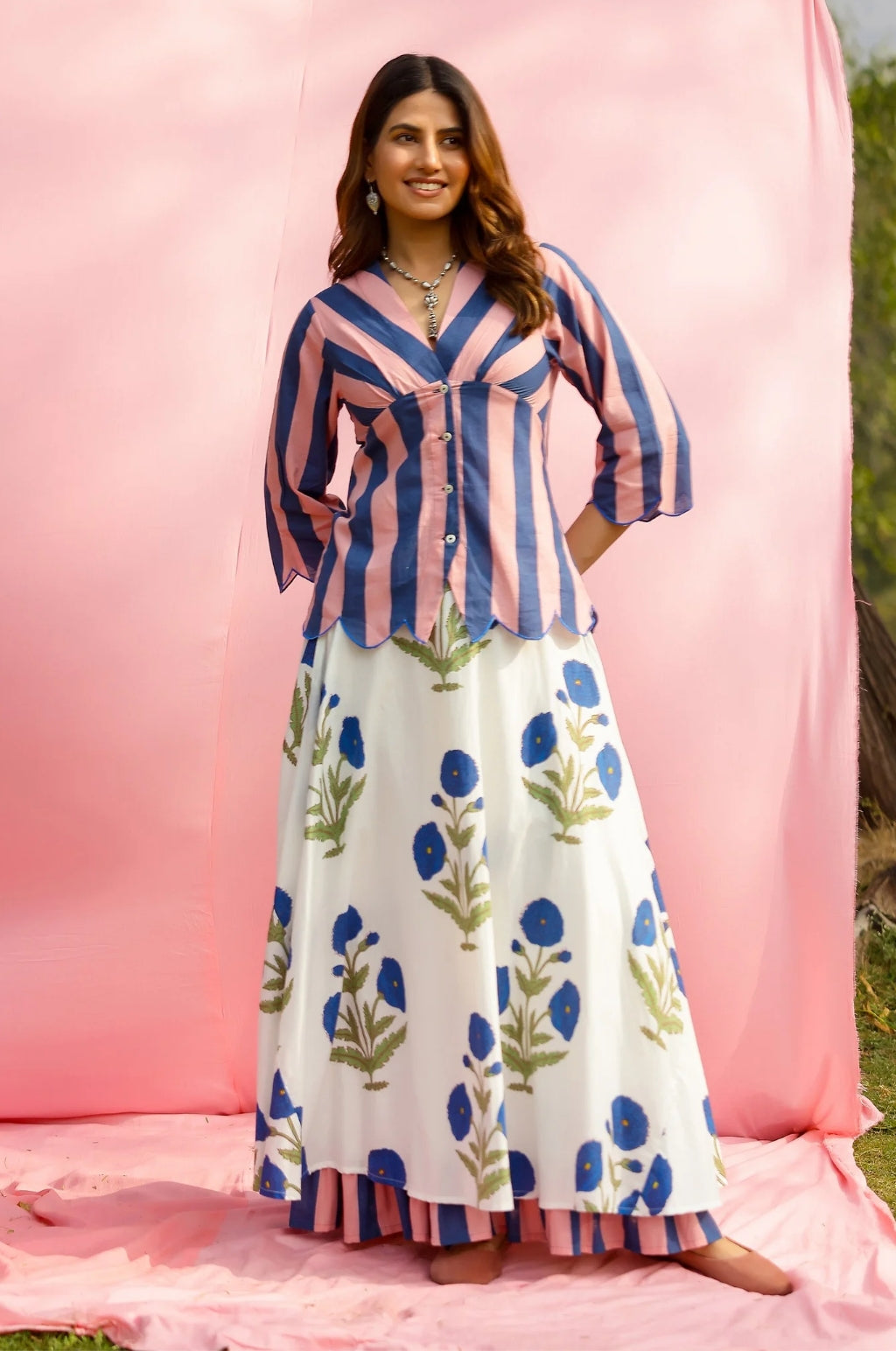 Brij Blue Poppy & Stripe Top & Skirt Set