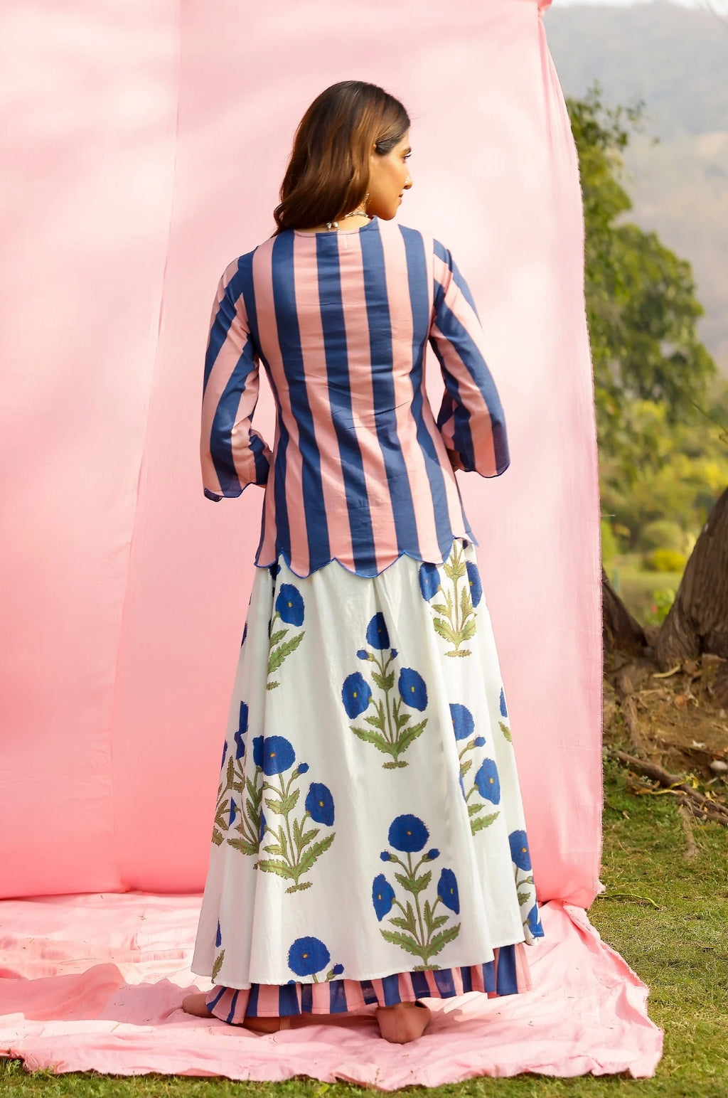 Brij Blue Poppy & Stripe Top & Skirt Set