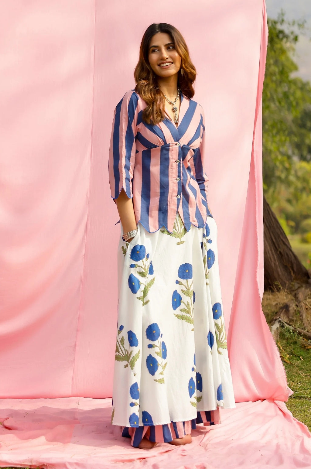 Brij Blue Poppy & Stripe Top & Skirt Set