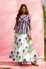 Load image into Gallery viewer, Brij Blue Poppy &amp; Stripe Top &amp; Skirt Set
