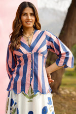 Load image into Gallery viewer, Brij Blue Poppy &amp; Stripe Top &amp; Skirt Set
