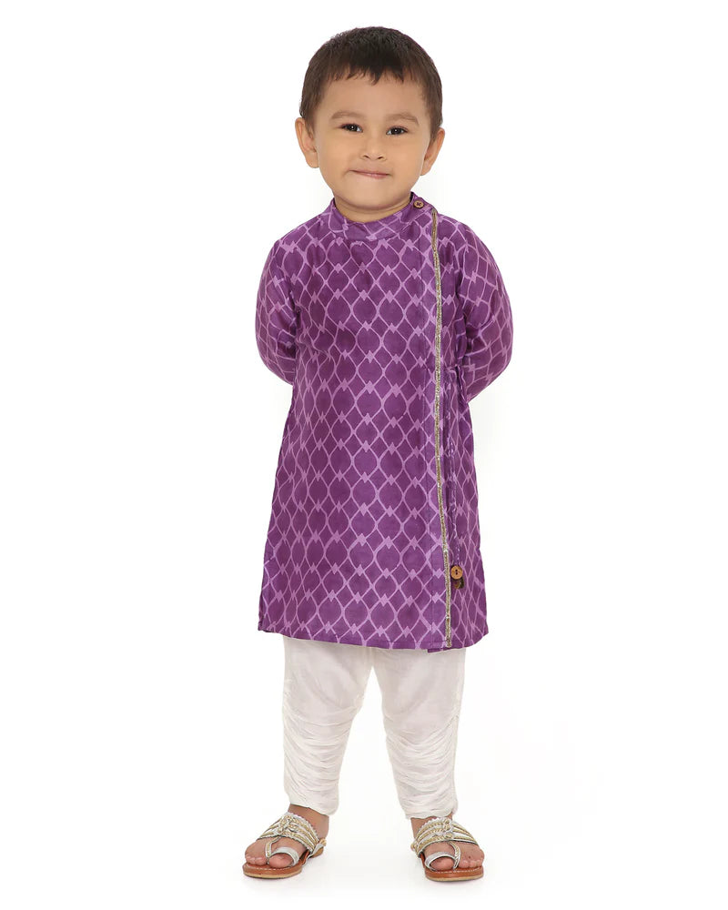 Jamini Cotton Silk Chanderi Block Printed Angrakha Kurta with Churidaar Set of 2, Purple