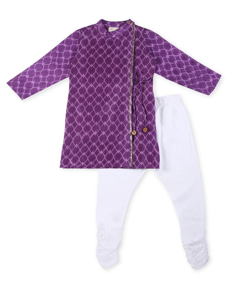 Jamini Cotton Silk Chanderi Block Printed Angrakha Kurta with Churidaar Set of 2, Purple