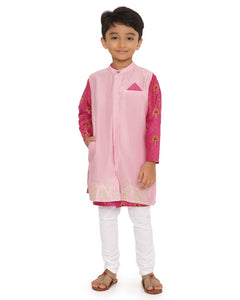 Maanik Cotton Silk Magenta Block Printed Kurta with Zari Embroidered Long Sherwani Jacket and Churidaar Set of 3, Pink