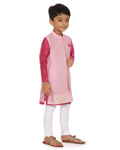 Maanik Cotton Silk Magenta Block Printed Kurta with Zari Embroidered Long Sherwani Jacket and Churidaar Set of 3, Pink