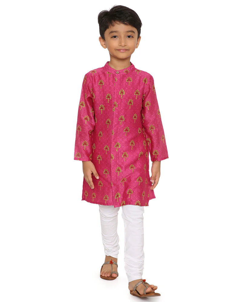 Maanik Cotton Silk Magenta Block Printed Kurta with Zari Embroidered Long Sherwani Jacket and Churidaar Set of 3, Pink